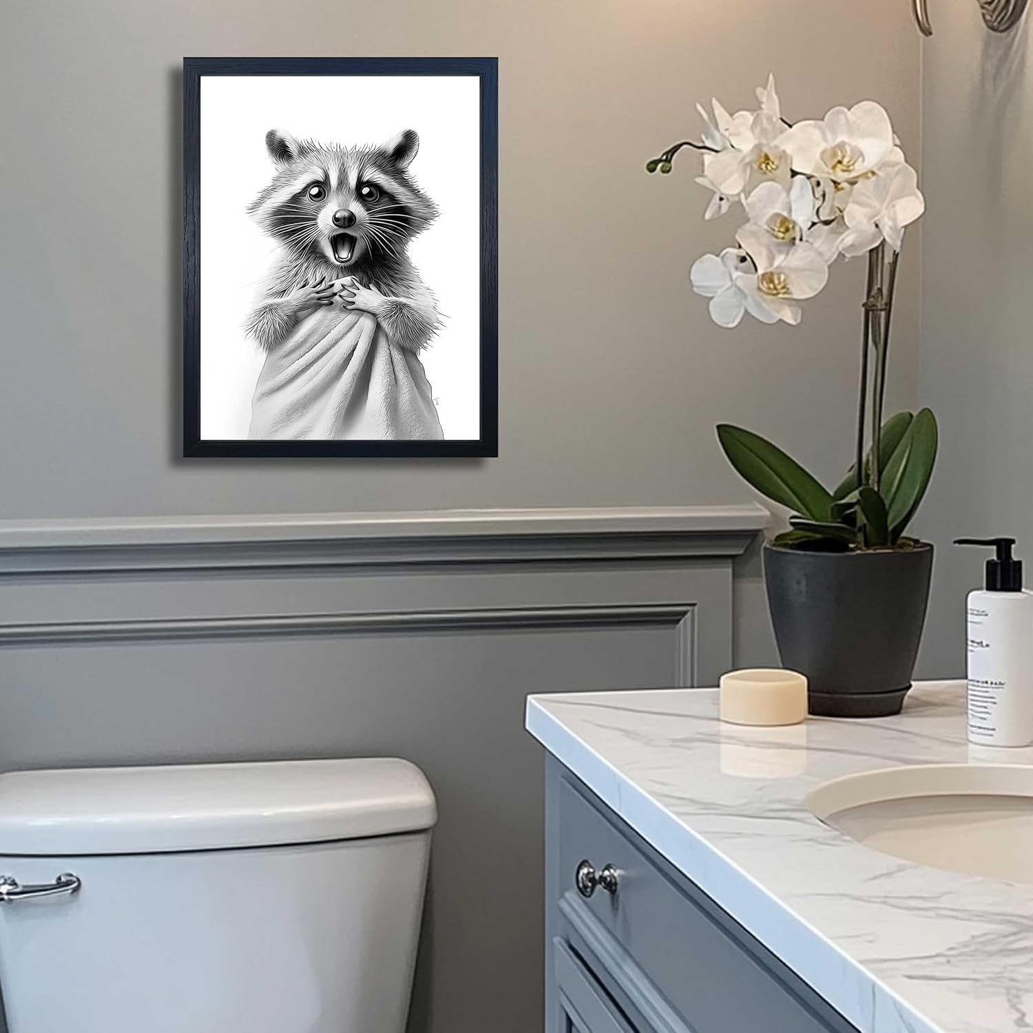 Framed Raccoon Bathroom Wall Art, Funny Black and White Raccoon in Towel Canvas Print, Whimsical Animal Decor, 12x16 Inches, for Bathroom, Kids Room, Powder Room
