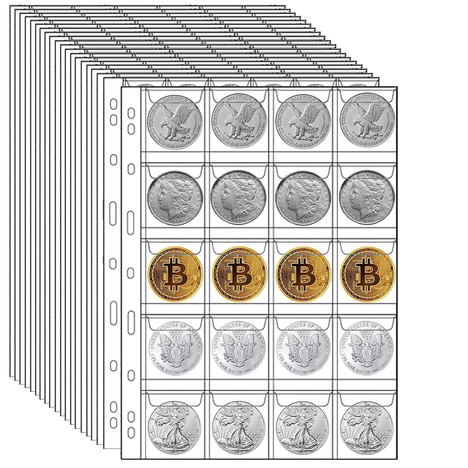 Suministros de colección de monedas de 400 bolsillos, 20 hojas de páginas de monedas para coleccionistas para carpeta de 3 y 4 anillos, hojas de plástico para monedas para álbum (20 bolsillos)