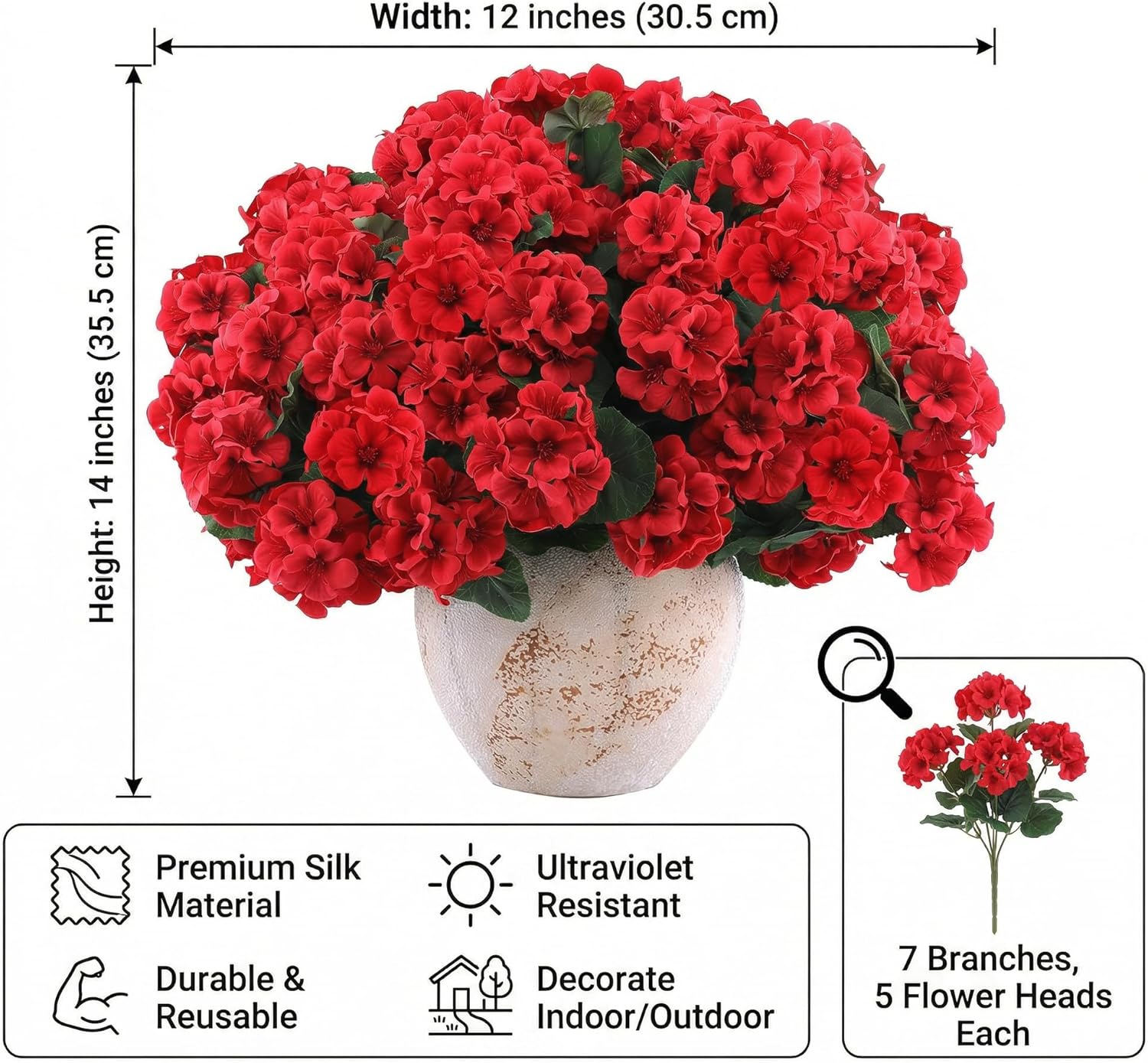 8 Bundles14 Artificial Geranium Flowers for Outdoor Spring Summer Decoration,Fake Silk Geranium Faux Plants UV Resistant for Front Door Planter Outside Home Garden Balcony Yard Porch Decor
