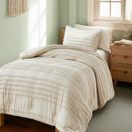 Miniatura 13 de BEDELITE Juego de edredón bohemio tamaño Queen, juego de cama de 3 piezas a rayas beige copetudo, edredón vintage de granja suave y crema para todas