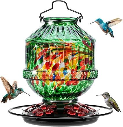 Hand Blown Glass Hummingbird Feeders for Outdoors, 25 Ounces Wild Bird Nectar Feeder with Perch & 5 Flower Feeding Ports Leak Proof Hanging for Garden Backyard Decor, Gifts for Women Mom, Green