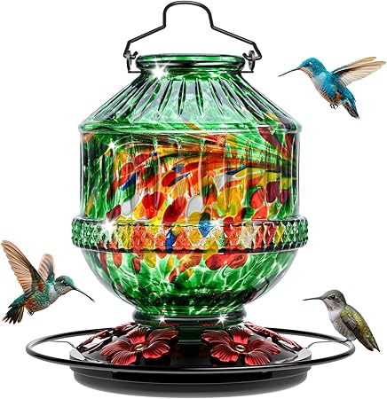 Hand Blown Glass Hummingbird Feeders for Outdoors, 25 Ounces Wild Bird Nectar Feeder with Perch & 5 Flower Feeding Ports Leak Proof Hanging for Garden Backyard Decor, Gifts for Women Mom, Green