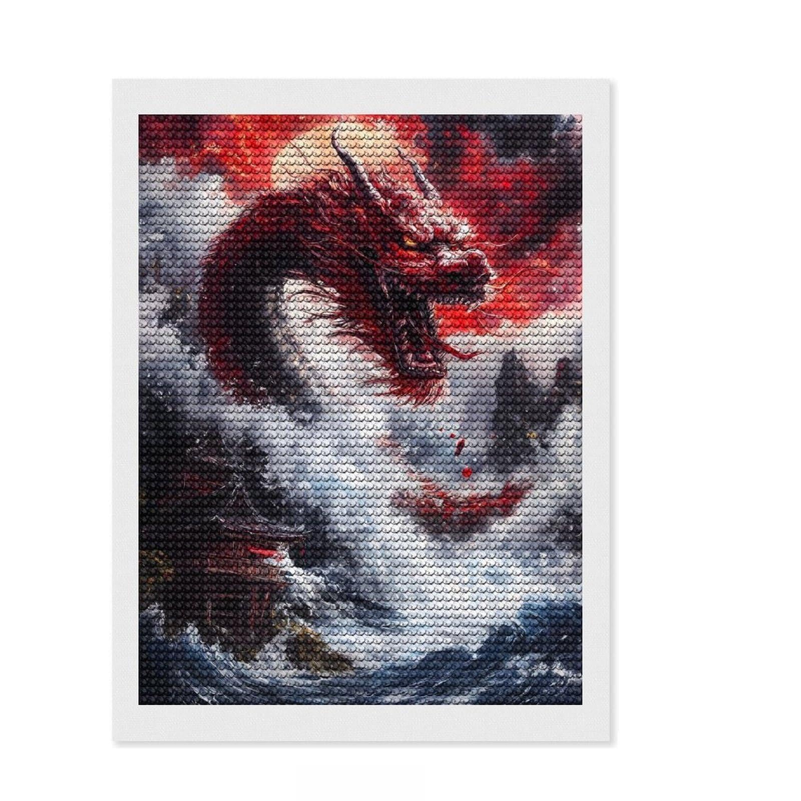 Junmoney Red Dragon Rising Round Drill Diamond Painting 12"x16", for Women, Neat Printed Canvas, Festive Craft Gift, Boho Decor, Printed Canvas