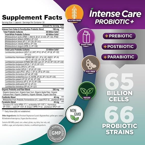Vital Planet - Intense Care Colon & Constipation Probiotics, Prebiotics, Postbiotics, Parabiotics, 4-in-1 Refrigerated Supplement for Adults, 65 Billion CFU, 66 Strains, Digestive and Immune, 30 ct