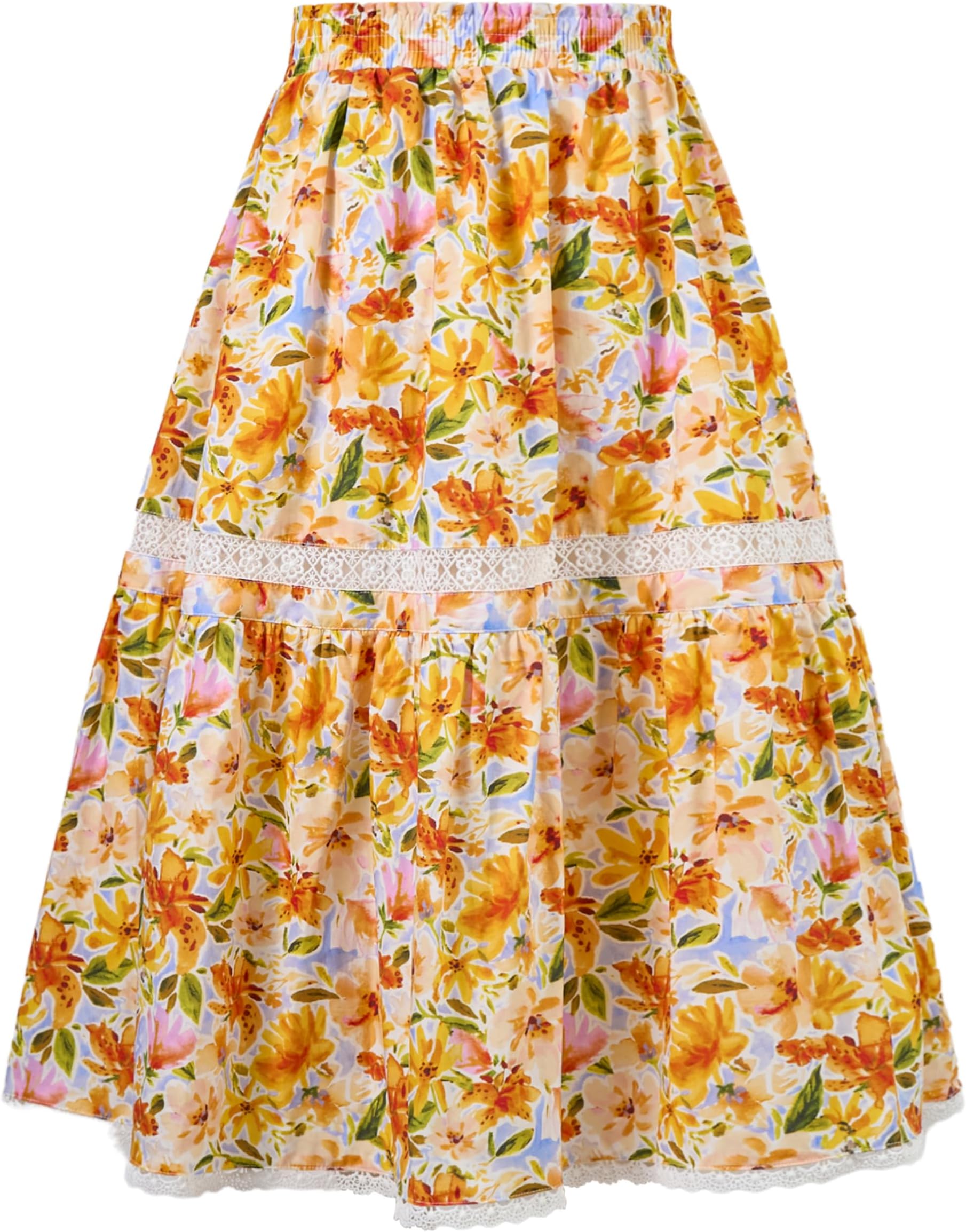 Girls Floral Print Long Skirts, A-Line High Waist Tiered Boho Maxi Skirt with Lace Trim