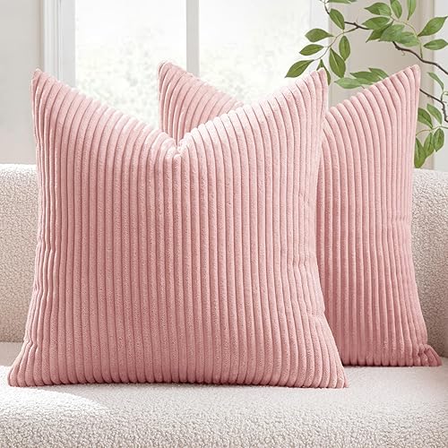 MIULEE Pack of 2, Corduroy Soft Soild Decorative Square Throw Pillow Covers Valentine Set Cushion Cases Pillowcases for Sofa Bedroom Car 18 x 18 Inch 45 x 45 cm, Pink - 45.7L x 45.7W cm (Pack of 2) - Pink - 2