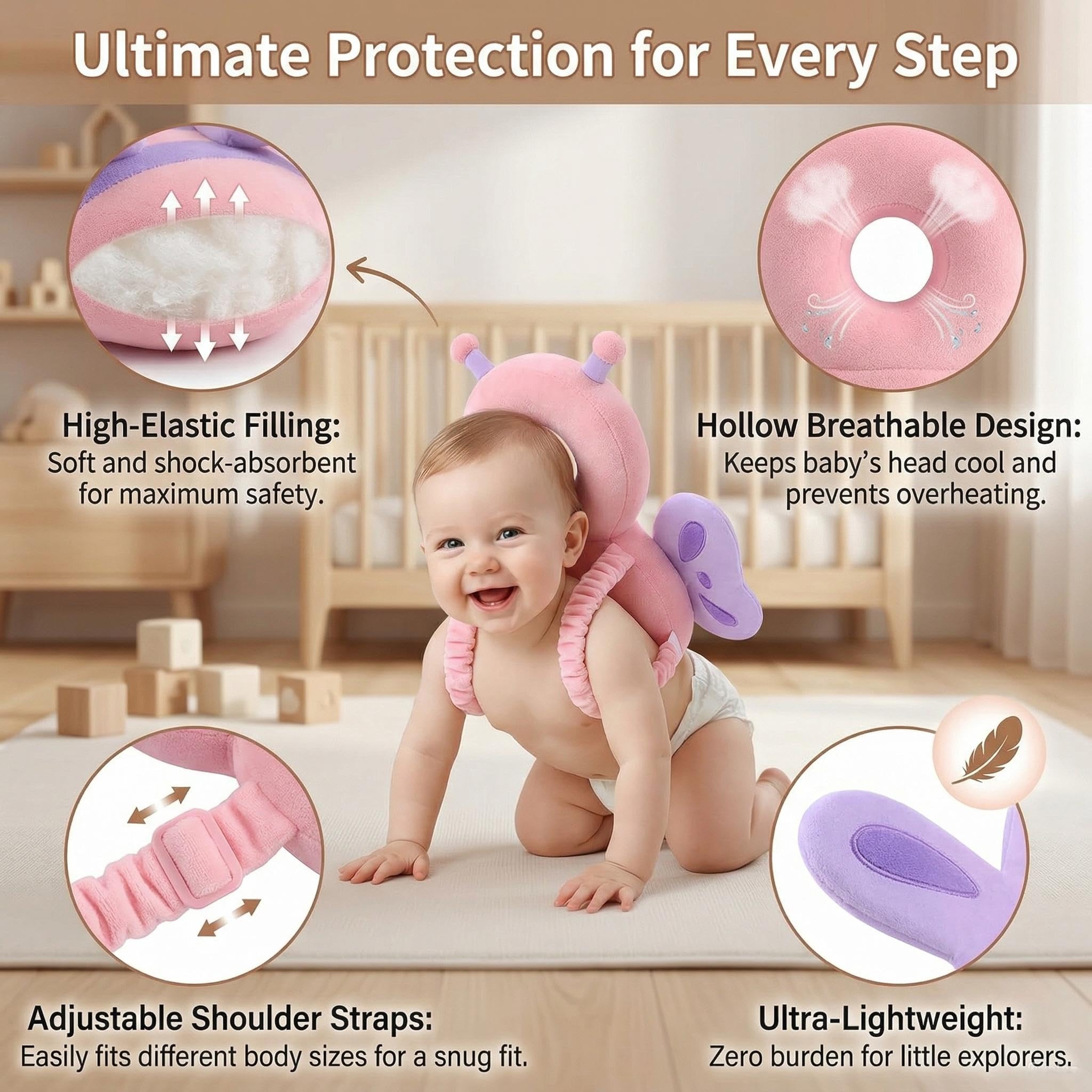 Protector Cabeza Bebe AUEJACKY Mochila Anticaida Bebe, Mochila Protectora Cabeza Bebe, Almohadilla Protectora Para La Cabeza Para Que Los Bebés Se Arrastren Y Caminen－Mariposa Rosa (K)