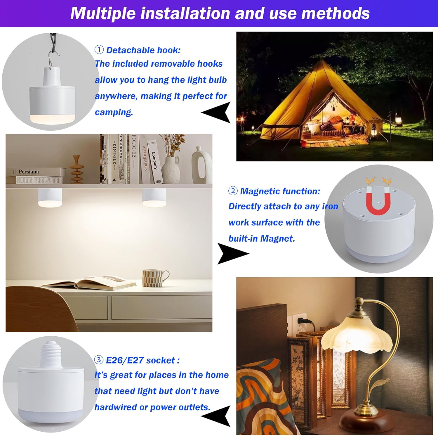 Battery Operated Light Bulb with Remote RGB Rechargeable Light Bulb USB Charging,50H Long Life Emergency Light Bulbs for Power Outage,Battery Powered Light Bulb for Home,Outdoor Activities