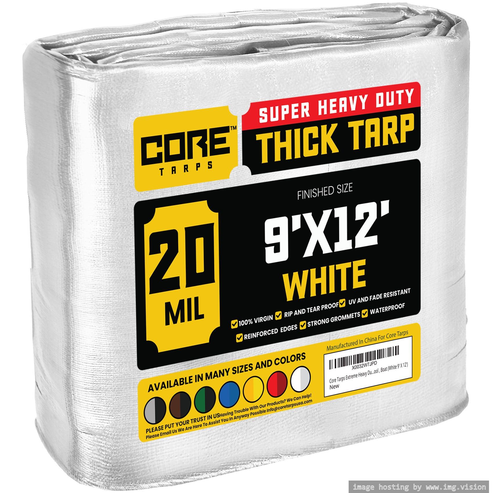 Core Tarps Extreme Heavy Duty 20 Mil Tarp Cover, Waterproof, UV Resistant, Rip and Tear Proof, Poly Tarpaulin with Reinforced Edges for Roof, Patio, Pool, Boat (White 9′ X 12′)
