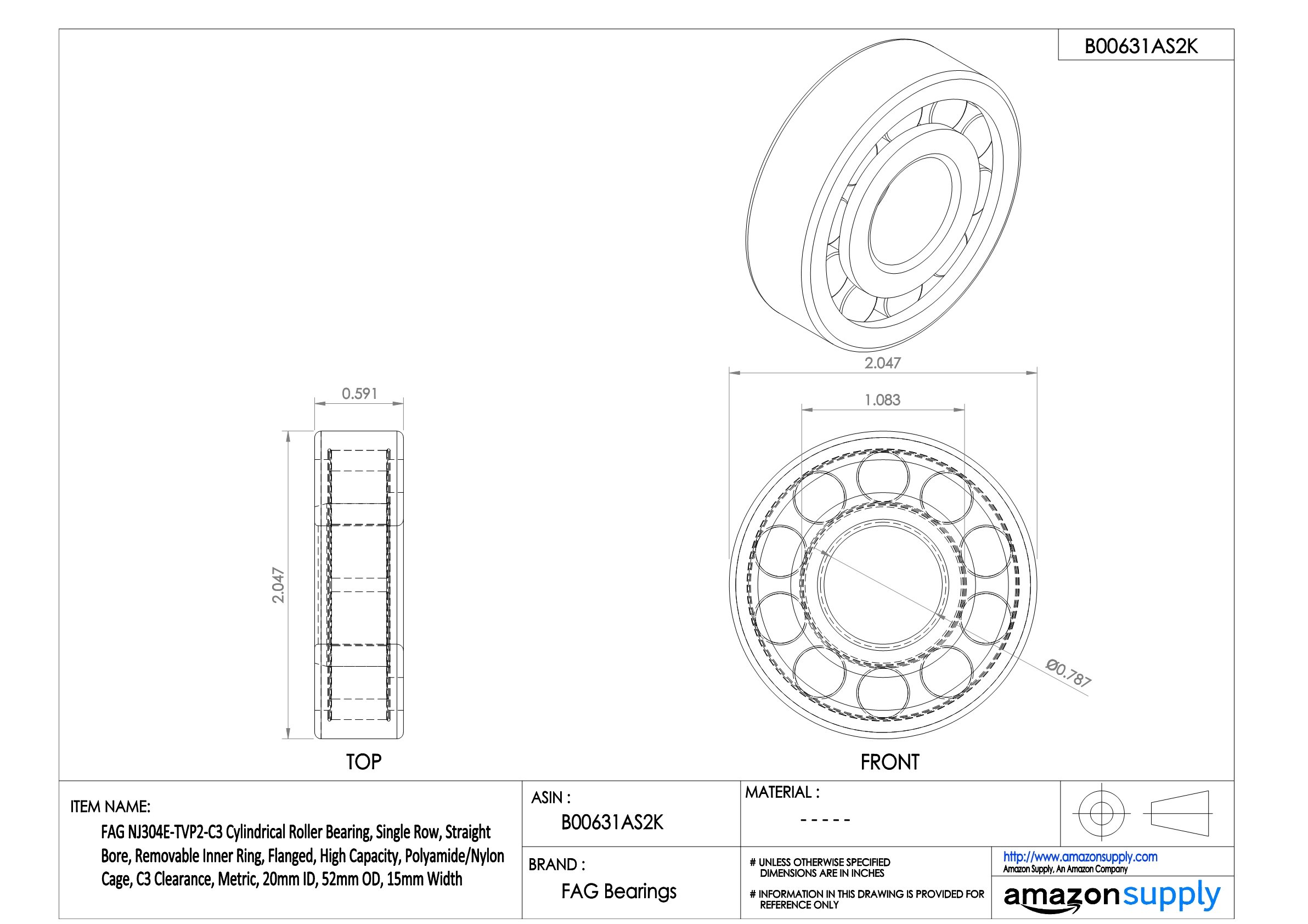 FAG nj304e-tvp2-c3 Zylindrische Roller Bearing, einreihig, gerade Bohrung, abnehmbarer Ring, innen Flansch, Hohe Kapazität, Polyamid/Nylon Käfig, C3 Clearance, metrisch, 20mm ID, 52mm OD, 15mm breite