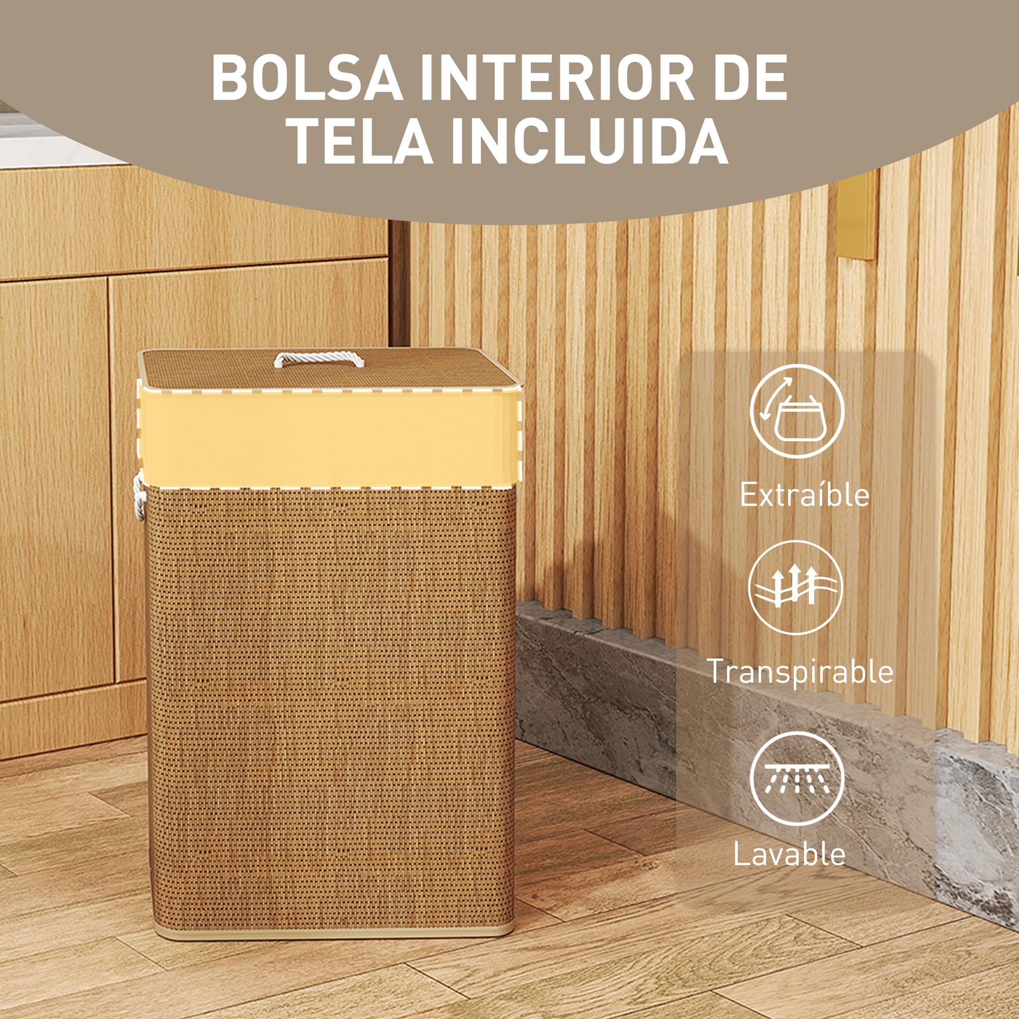 HOMCOM Cesto de Ropa Sucia 72L Bambú con Bolsa Interior Extraíble
