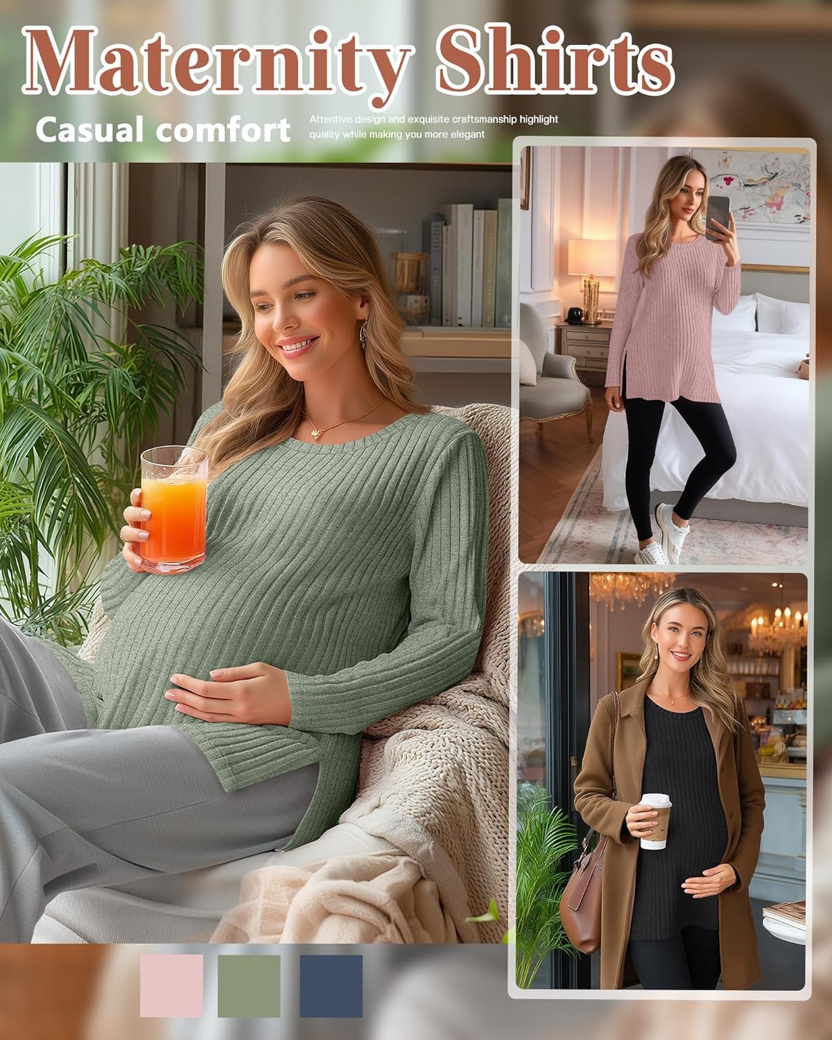 Ficerd 3 Pack Women's Maternity Shirts, Ribbed Long Sleeve Pregnancy Sweaters Crew Neck Slit Side Knit Pregnant Tunic Tee Top - Image 3