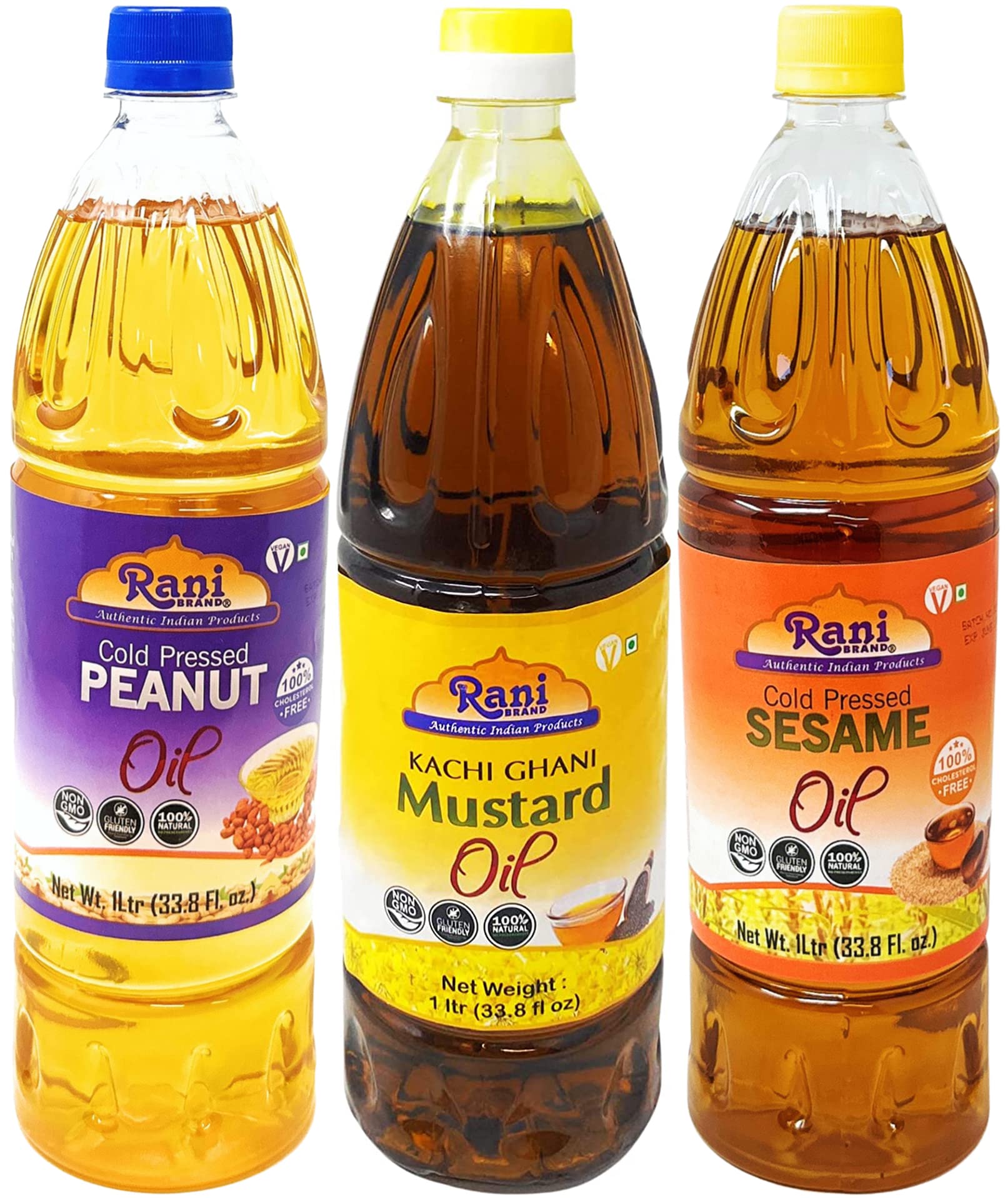 Rani Premium Oils Combo Set of 3 - Peanut Oil, Mustard Oil, Sesame Oil 33.8 Ounce (1 Liter) ~ Cold Pressed | 100% Natural | Kosher | NON-GMO | Vegan | Gluten Free