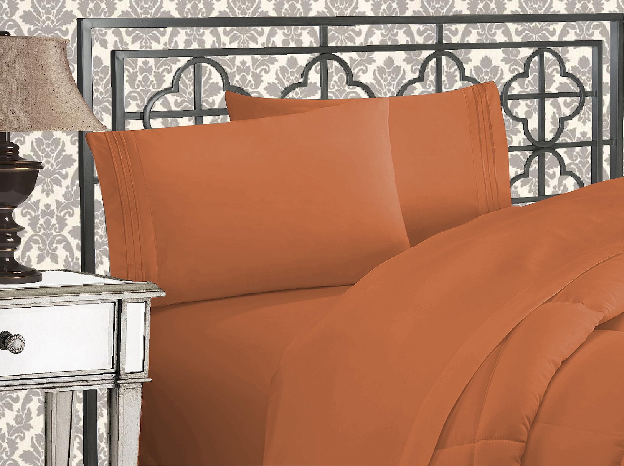 Elegant Comfort Luxurious 1500 Thread Count Egyptian Quality Microfiber Three Line Embroidered Softest Premium Hotel Quality 4-Piece Bed Sheet Set, Wrinkle and Fade Resistant, King, Coral