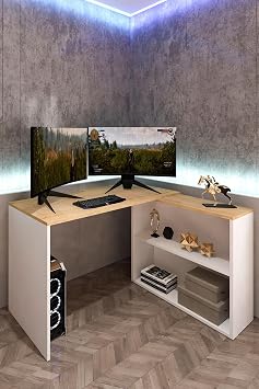L Desk Computer Desk Cabinet Bookcase Oak White