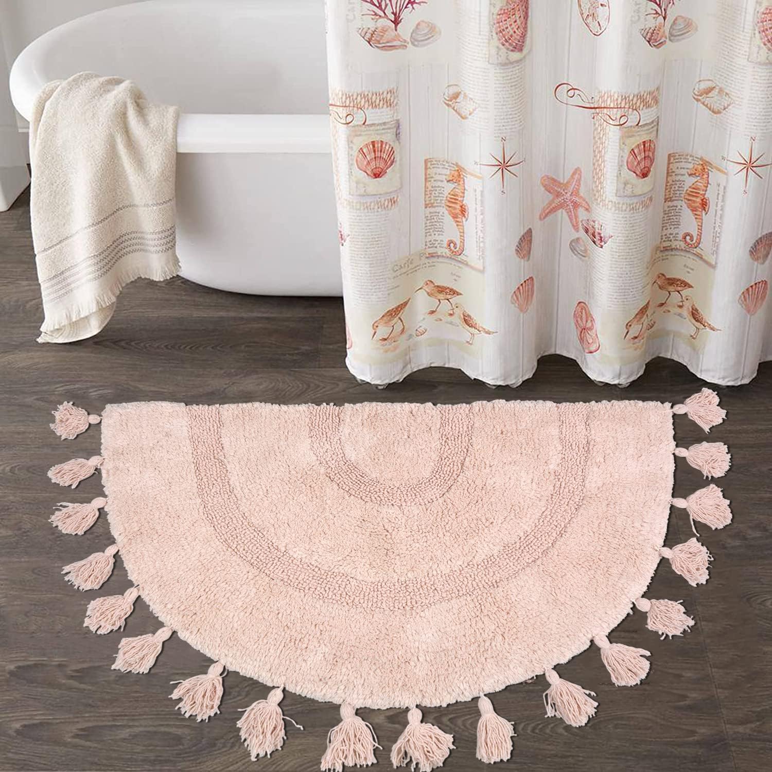 Boho Bathroom Rug Half Circle Cotton Bath Mat with Tassels Hand-Woven Bohemian Rugs with Rug Non Slip Pad Washable Bath Rugs for Bathroom, Shower, Tub 20"x32", Half-Circle Pink