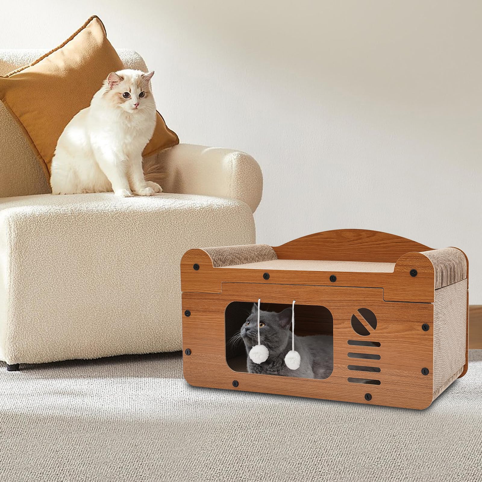 Casetta per gatti a forma di TV con palla da gioco e tiragraffi per gatti, 56 x 30 x 32 cm | Può essere posizionato a casa o in un negozio di animali in modo che i gatti possano giocare e riposarsi