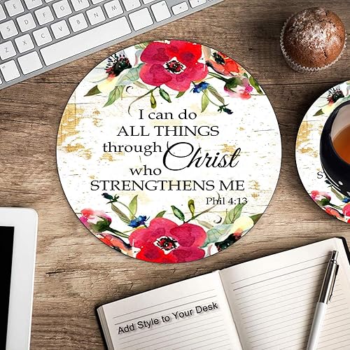 Miniatura 6 de Juego de alfombrillas redondas para mouse y posavasos, Filipenses 4-13 Escrituras inspiradoras con flores de acuarela rojas, alfombrilla de mouse