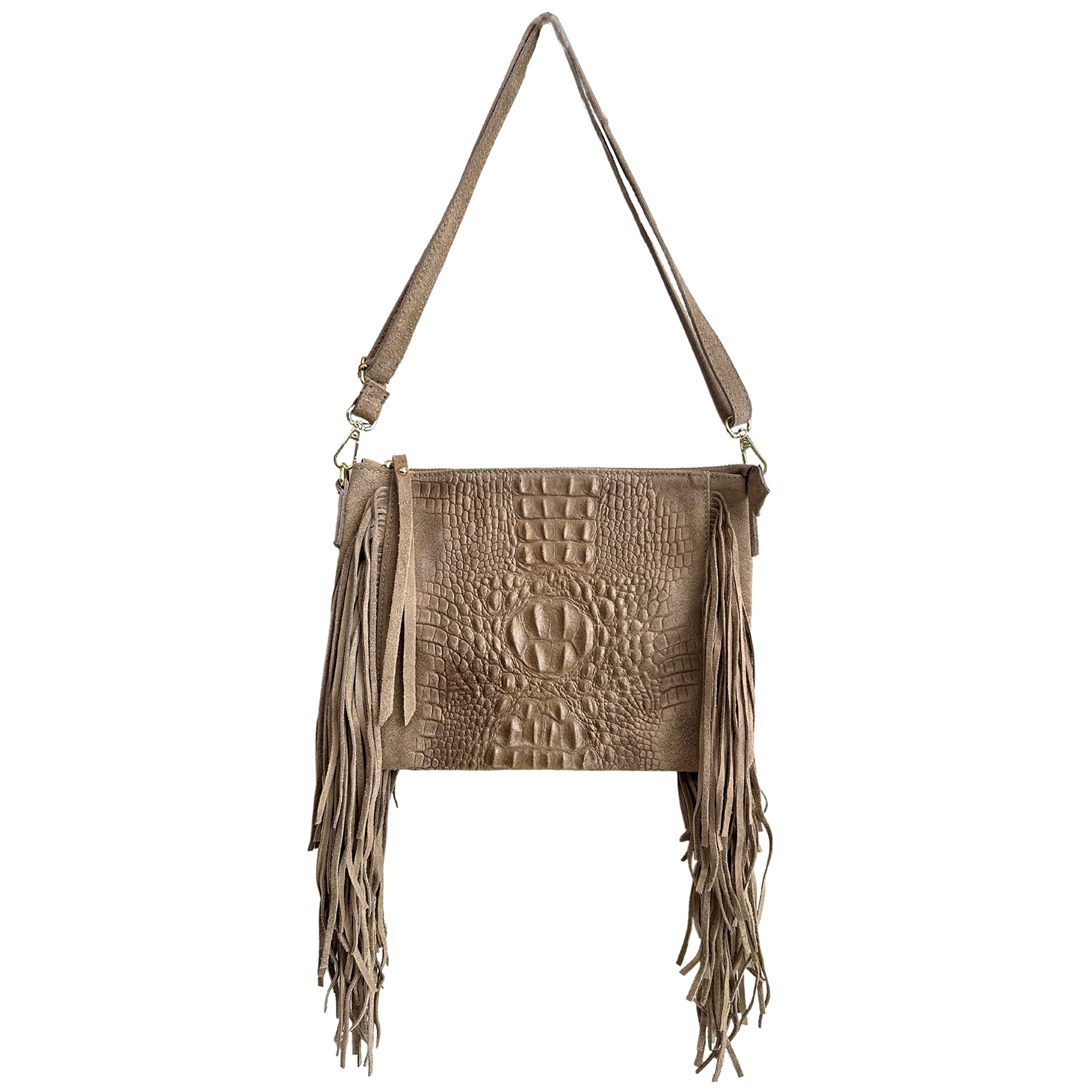 borsa da donna con frange, a tracolla, in pelle scamosciata 29x2x21 cm