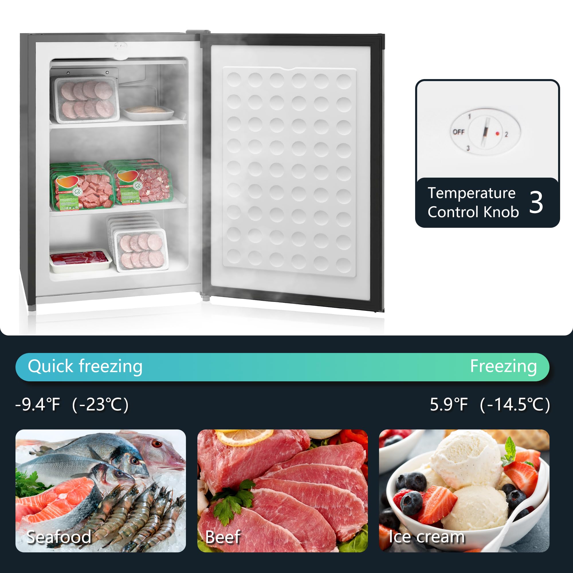 Upright Freezer, 3.0 Cubic Feet Compact Mini Freezer With Reversible Single Door And Adjustable Thermostat, Small Freezer For Home, Dorm, Apartment, Home Office, Silver on Fridge.com - View 5