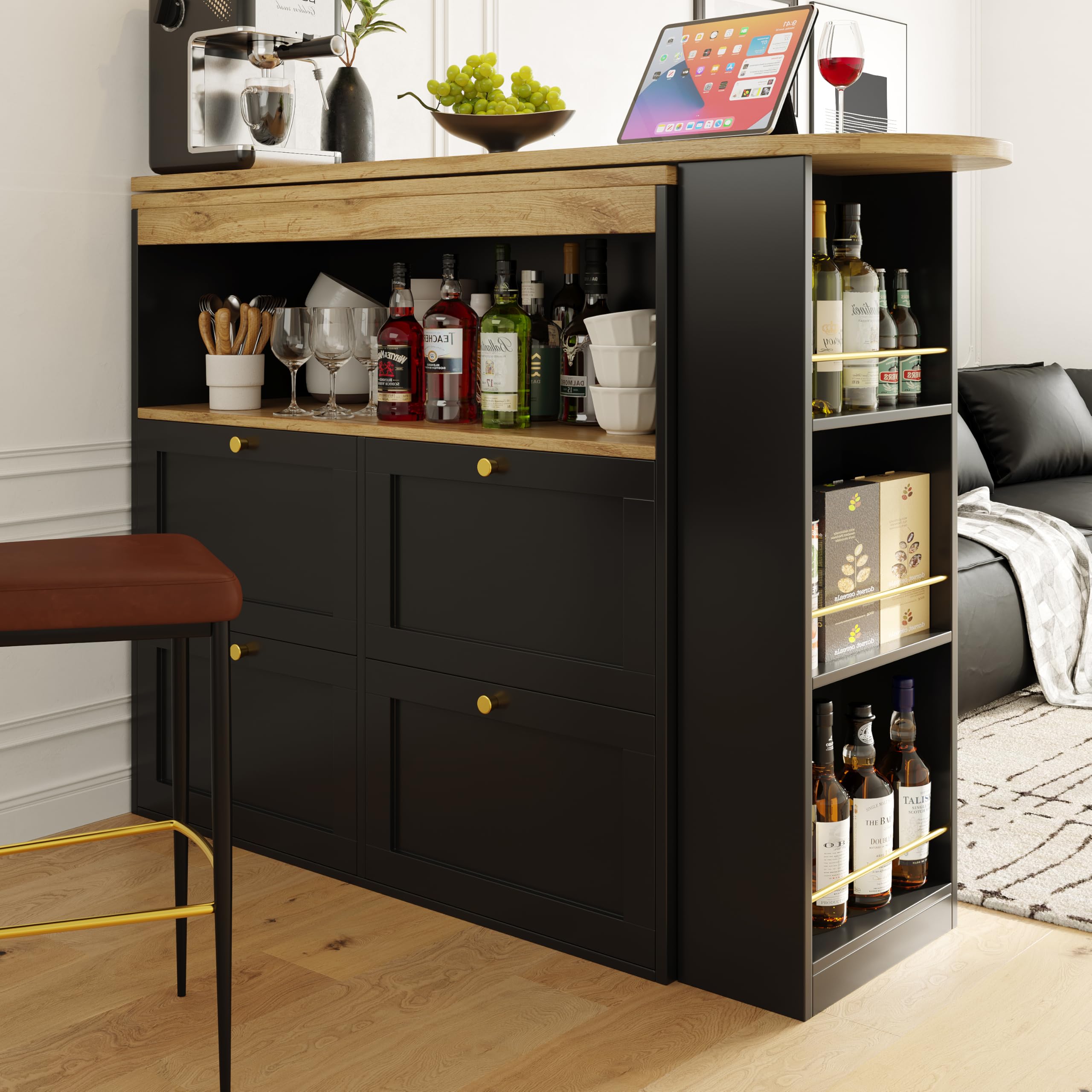 Bartisch Klappbar mit 4 Schubladen, 360° Drehbare Bartisch Küche mit Ablageflächen, Moderner Beweglicher Bar Tisch, Bar Table, Hochtisch, Kücheninsel, (105-138 x 39 x 102 cm), Schwarz