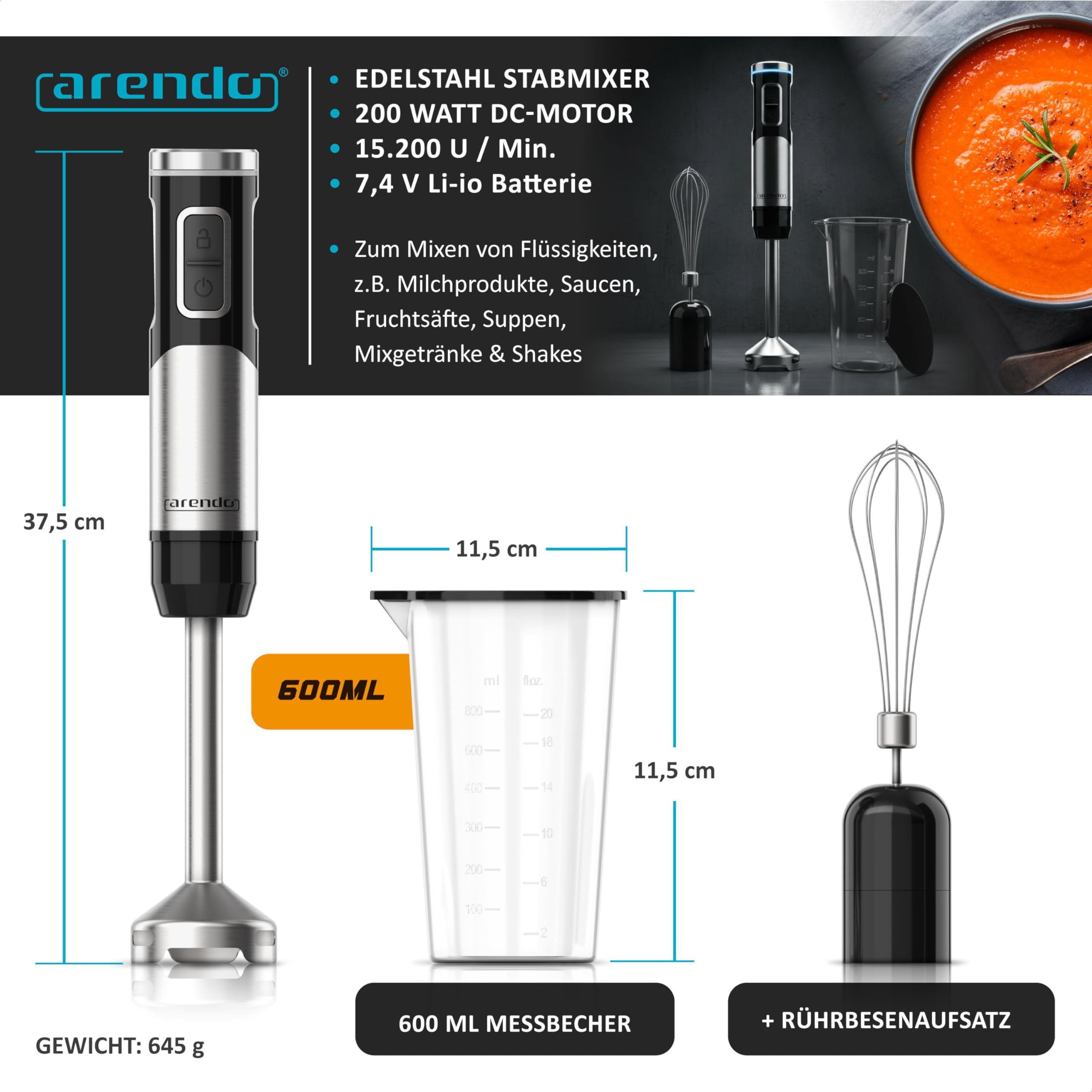 Arendo - Mixeur plongeant sans fil - 200 W - Avec batterie - Batteur à main en acier inoxydable - Batteur à purée - Fouet - Verre doseur - Vitesse continue - Verrouillage des touches - Set
