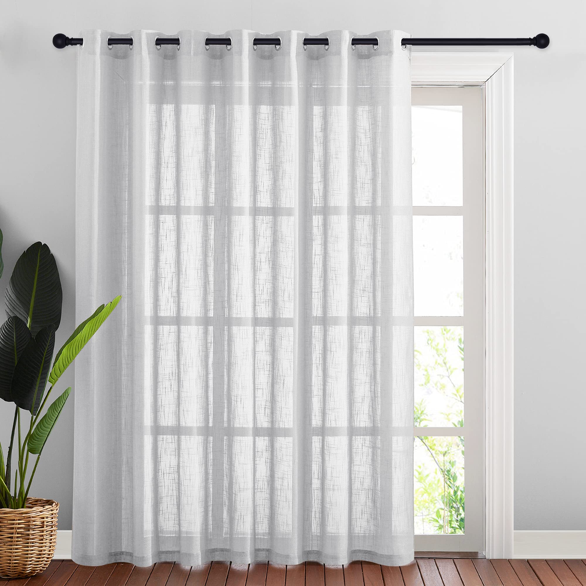 NICETOWN Linen Sheer Curtains Extra Wide for Patio, Grommet Top Semi Voile Drape Sheer Panel for Living Room/Sliding Glass Door, Silver Grey, W100 by L84 inches, 1 Panel
