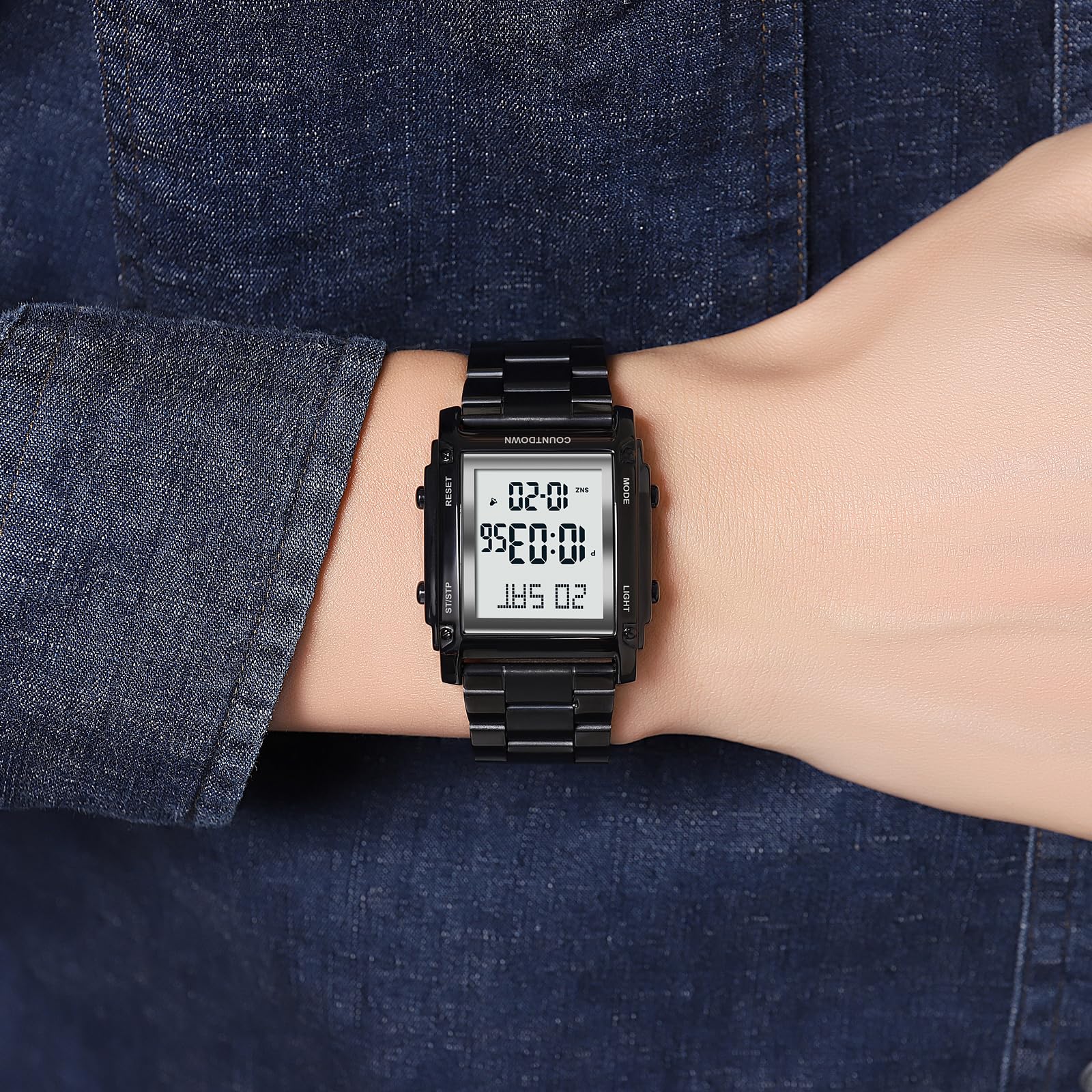 findtime Orologio da polso digitale da uomo, al quarzo, numeri grandi, lussuoso, cinturino in metallo, LED, doppio orario, data 12/24h, cronometro Coutdown, uomini anziani