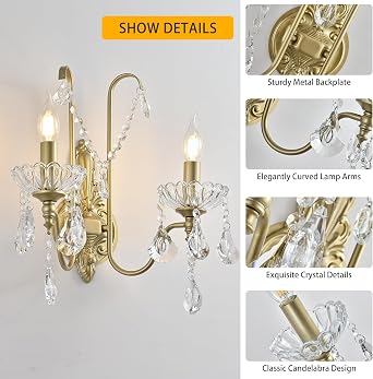 Ganeed Crystal Wall Lights Antique 2 Light E14 Champagne Gold (1 Pack) | Retro Vintage French Style Rustic Indoor Wall Lamps for Hallway Porch Landing Foyer