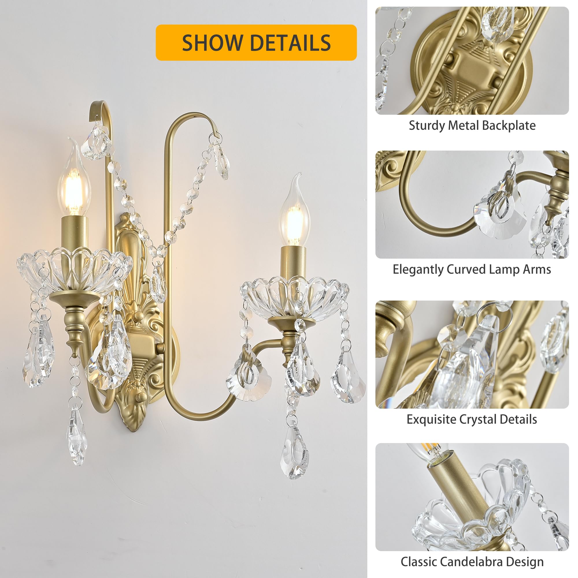 Ganeed Crystal Wall Lights Antique Retro Vintage French Style Rustic Indoor Wall Lamps for Hallway Porch Landing Foyer 2 Light E14 Champagne Gold (1 Pack) - Image 2