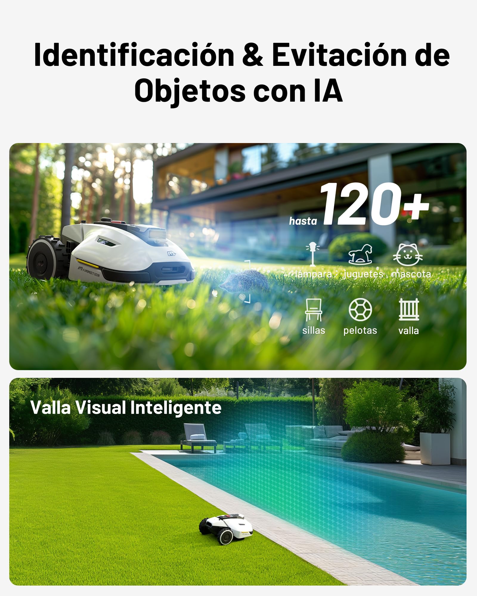 MAMMOTION YUKA 2000 Robot Cortacésped sin Cable Perimetral, Recomendado 2000m², MAX. 2400m², UltraSense AI Vision Auto-Mapeo, 45% Inclinación, Altura Corte 20-90mm Anchura Corte 320mm, con Módulo 4G