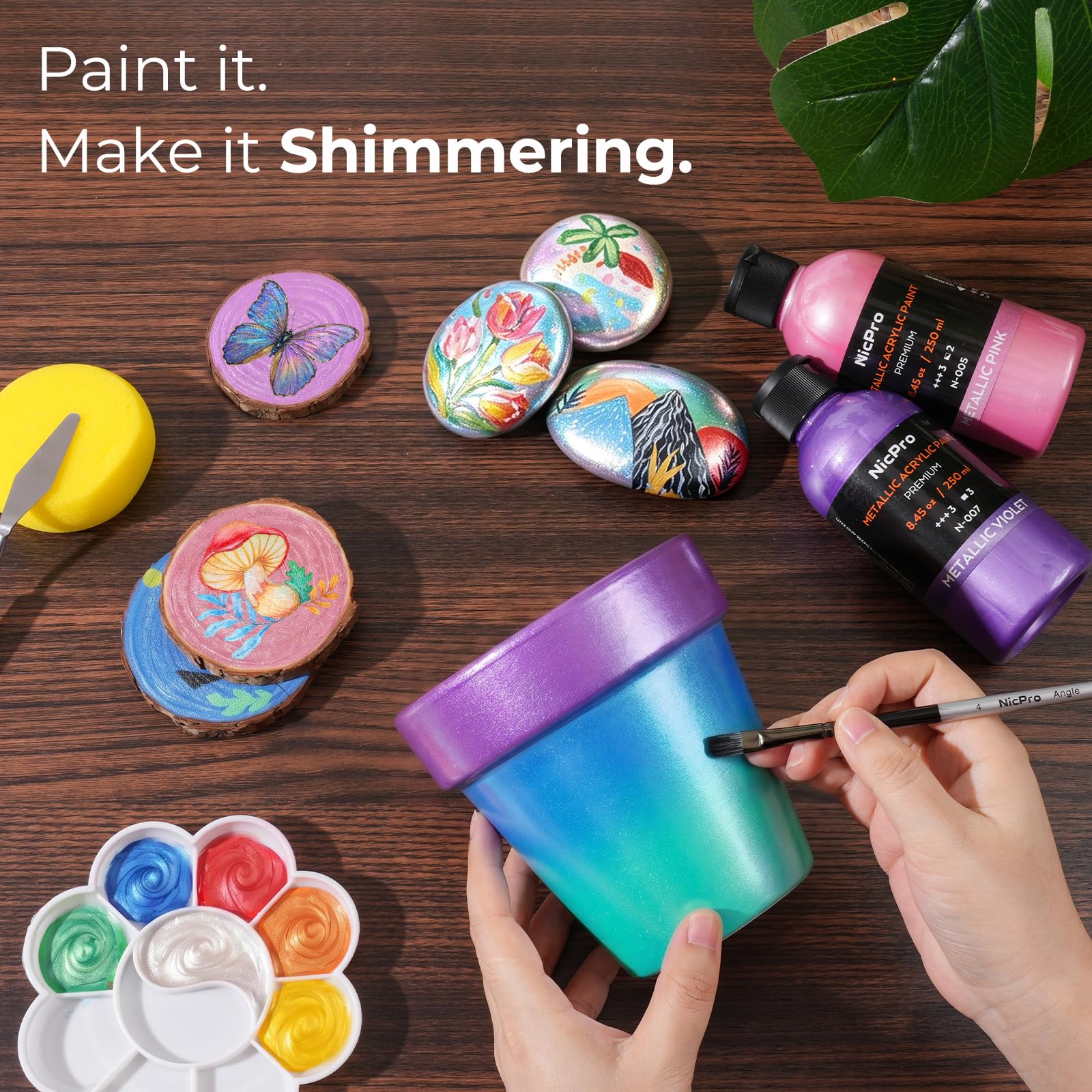 Nicpro Metallic Acrylfarben Set (20× 250 ml), 20 Farben große Acrylfarbe lose, ungiftig Kunst Malerei Lieferungen für Multi Oberfläche Leinwand Felsen Holz Leder Stein Metall Handwerk mit Farbrad