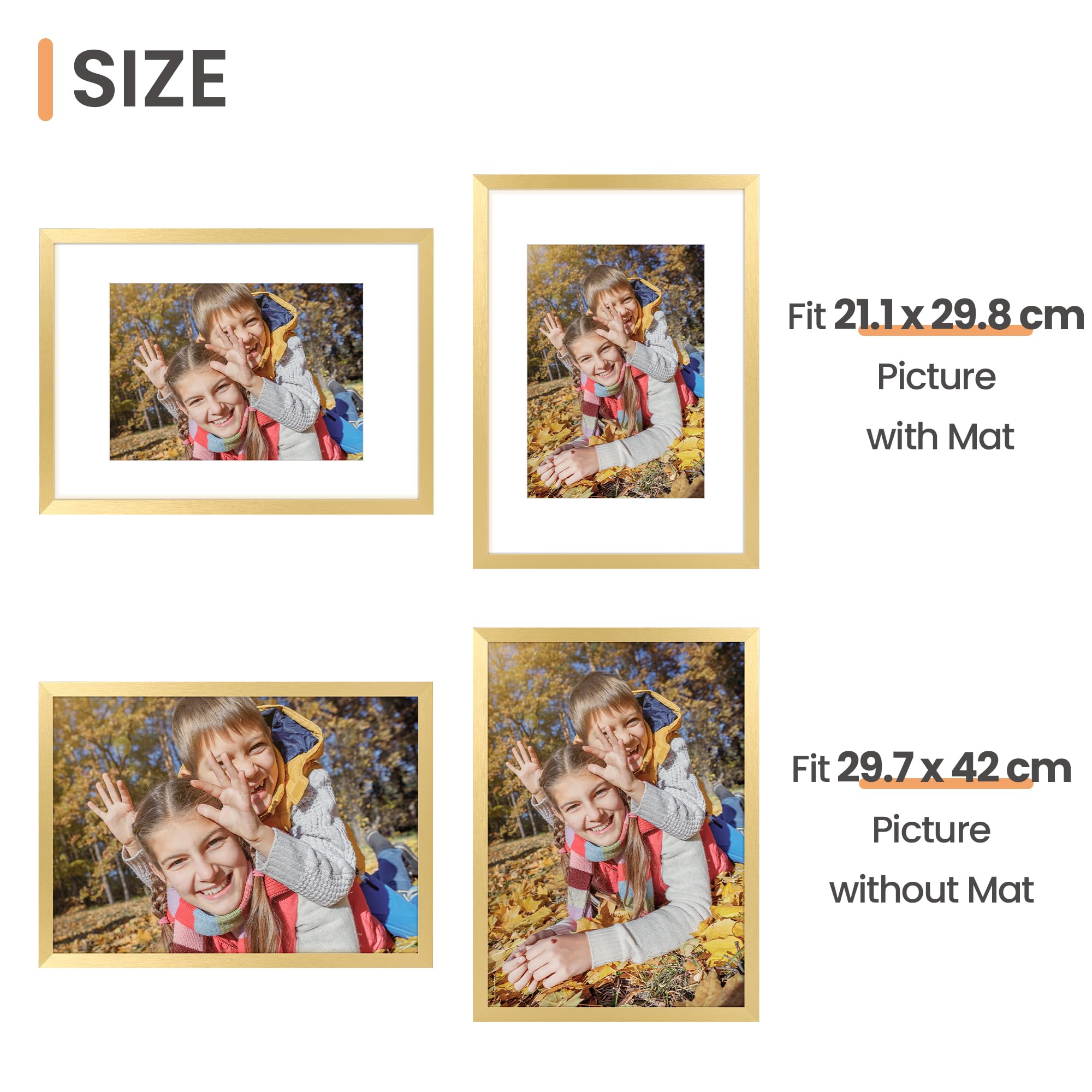 upsimples Cornice A3, Confezione da 3 Cornici portafoto Oro, Formato 29,7 x 42 cm, Con Supporto Orientamento Orizzontale o Verticale, Cornici per Ppuzzle, Parete, Poster, Diploma Universitario