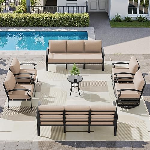 Aluminum Patio Furniture Set, 10 Seats Outdoor Patio Conversation Sets with Swivel Chair Modern Metal Sectional Sofa with Upgrade Cushions for Patio, Backyard - Sand