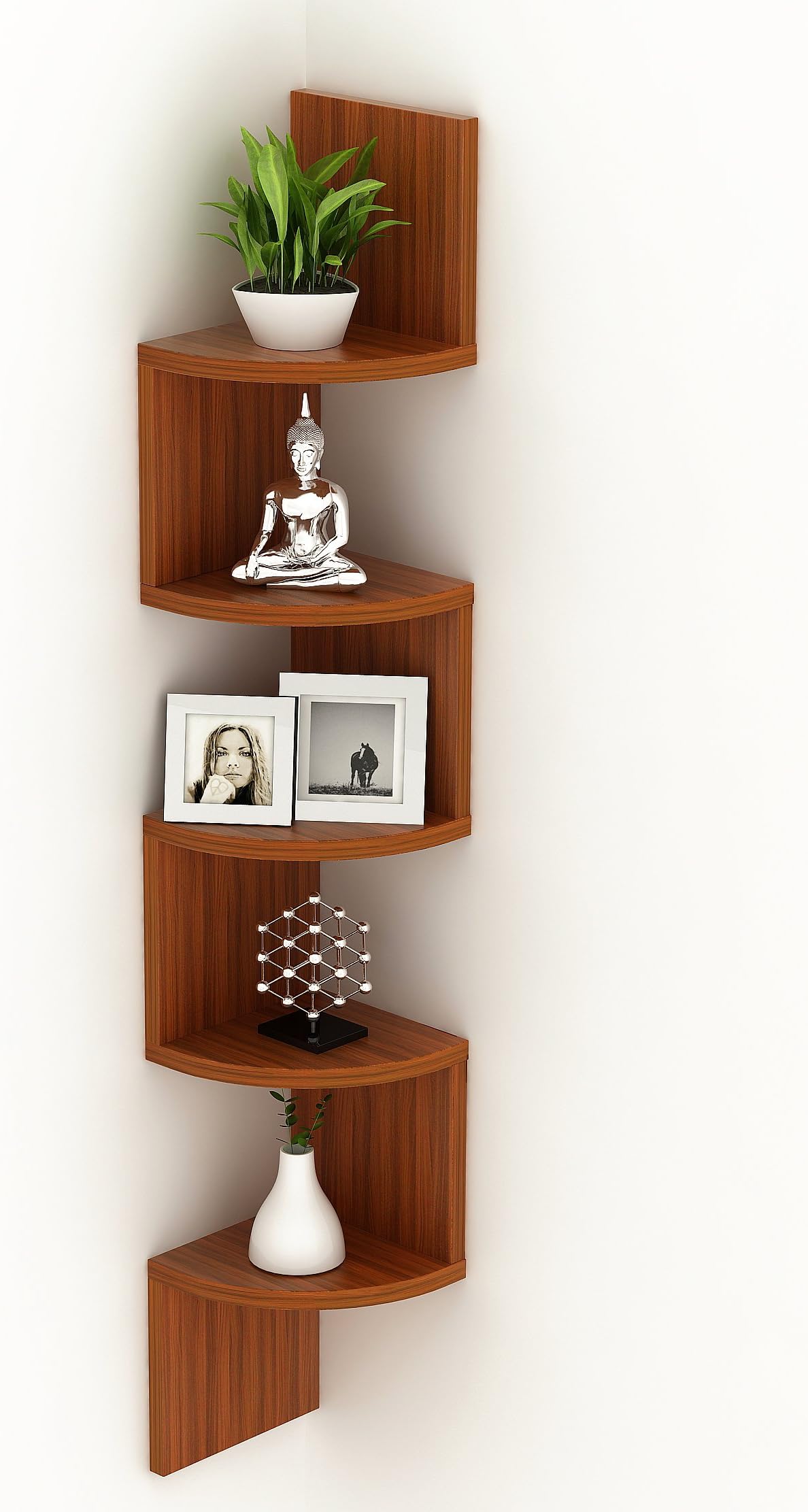 BLUEWUD Morpheus Engineered Wood Multipurpose Wall Decor Corner Shelf, Display Rack (5 Shelves - Walnut)