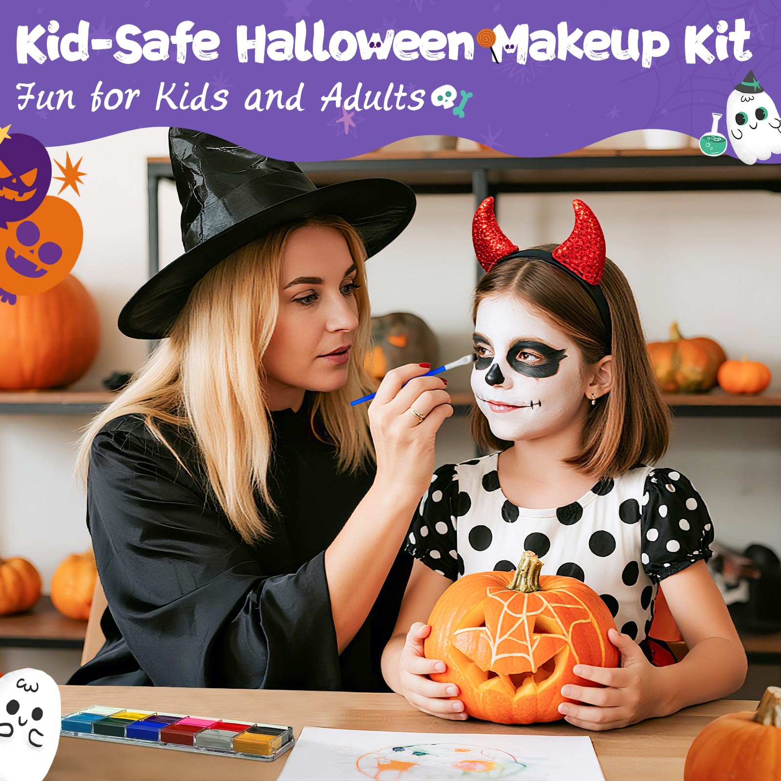 Kit de pintura facial para niños, pintura facial activada por agua de 12 colores con 2 pinceles, kit de maquillaje de Halloween no tóxico, pintura facial corporal profesional para Halloween, fiestas 4