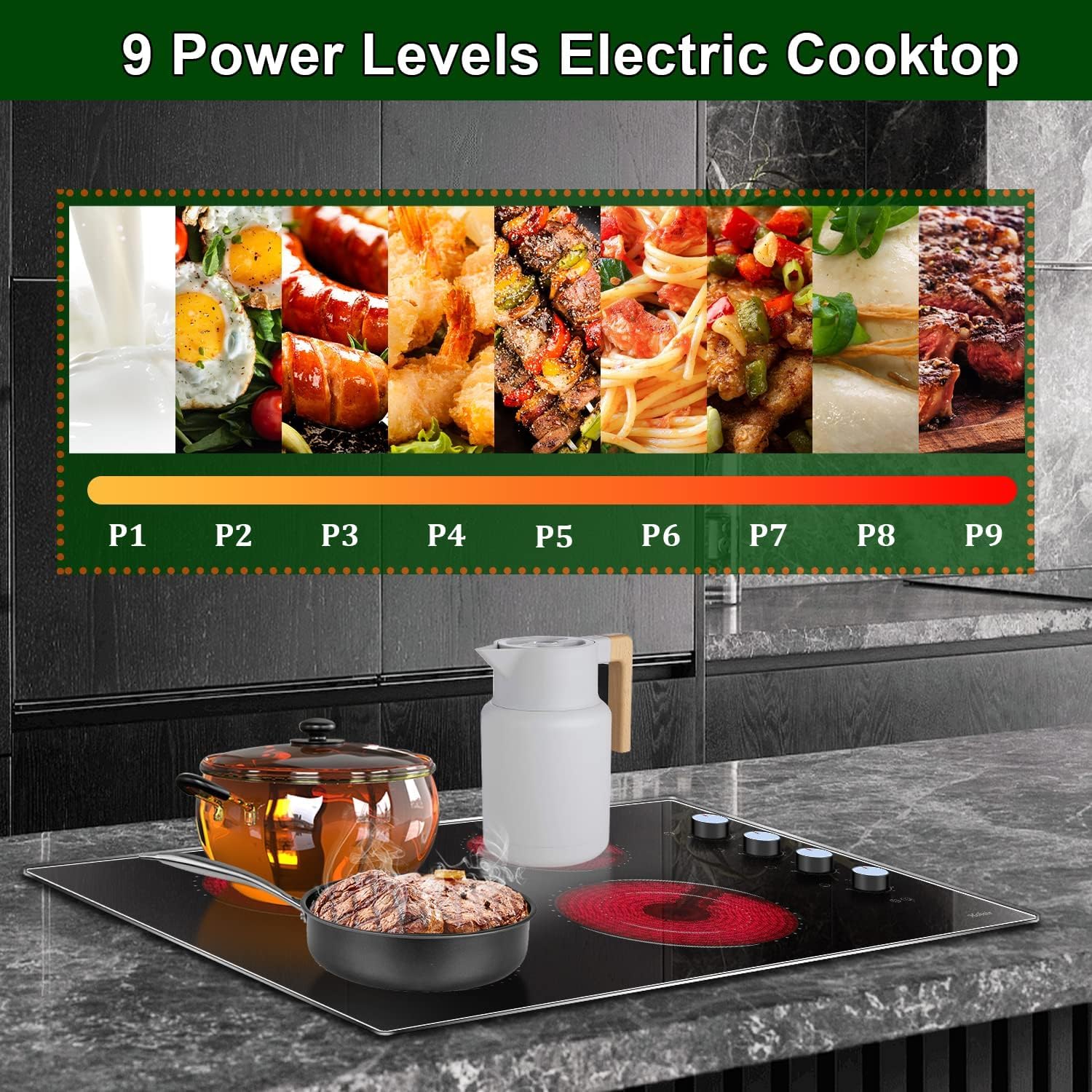 Electric Cooktop 30 Inch Hobsir, 4 Burner Electric Stove Top 6700W, Knob Control Built in Cook top, 30" Electric Stove Top Burner with Glass Protection Metal Frame, Double-ring burner, 220-240v