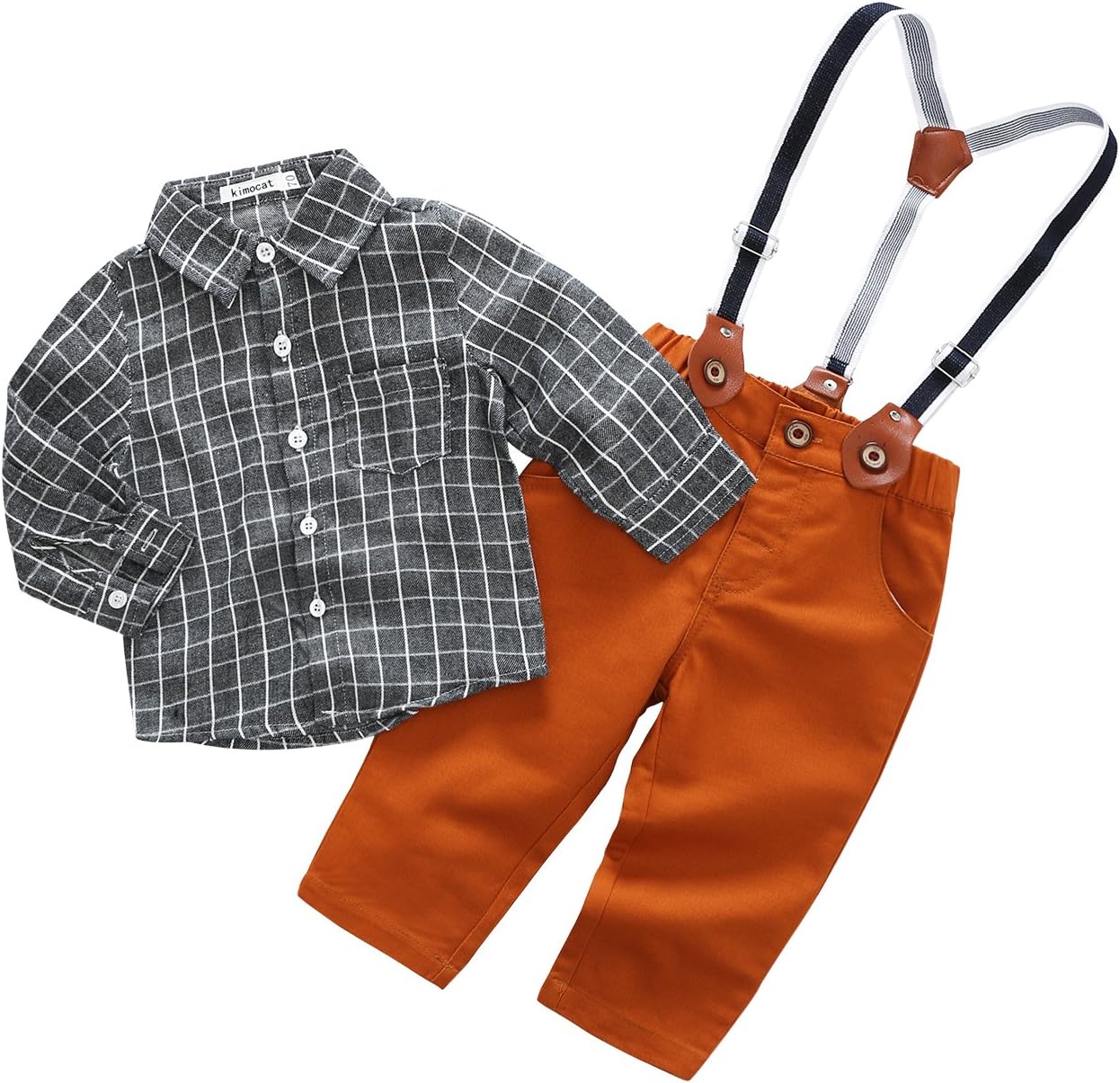 Kimocat Baby Boy Casual Suit 2pcs Cotton Long Sleeve Plaid Button-Down Shirt Pant with Suspenders Outfits Clothes Set