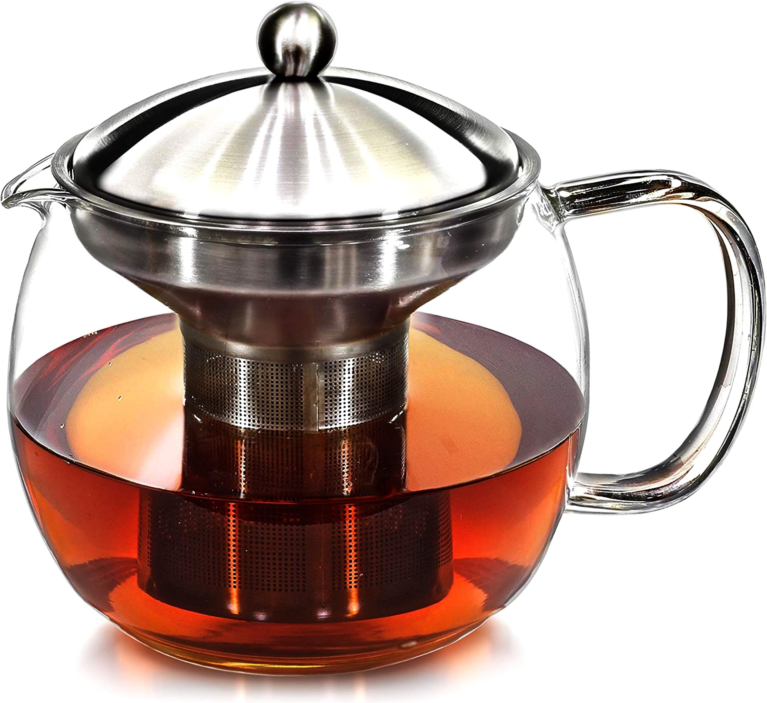 Teapot with Infuser for Loose Tea - 40oz, 3-4 Cup, Clear Glass Kettle Pot with Strainer & Warmer - For Whole Leaf, Iced Maker & Brewer