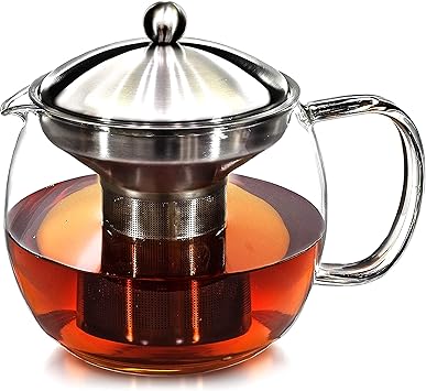 Teapot with Infuser for Loose Tea - 40oz, 3-4 Cup, Clear Glass Kettle Pot with Strainer & Warmer - For Whole Leaf, Iced Maker & Brewer
