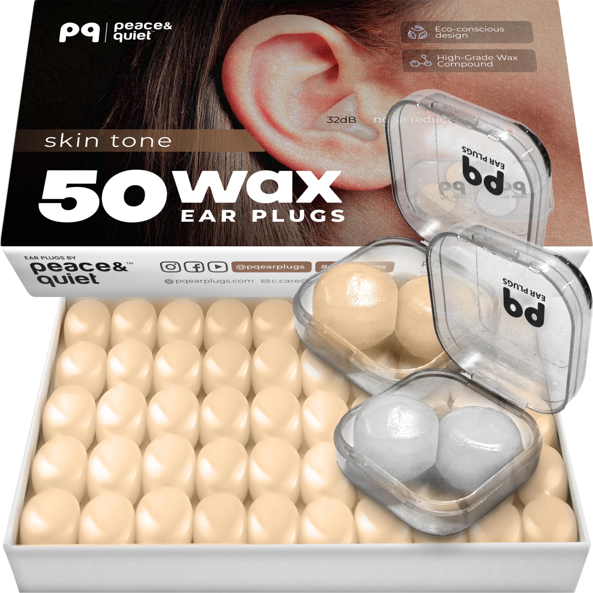 Peace&Quiet Wax Ear Plugs for Sleeping, Swimming - 50 Noise Cancelling Silicone Gel Wax Earplugs for Sleep and Swimmers, Sound Blocking 32Db, (50-Pillows), Color: Skin Tone