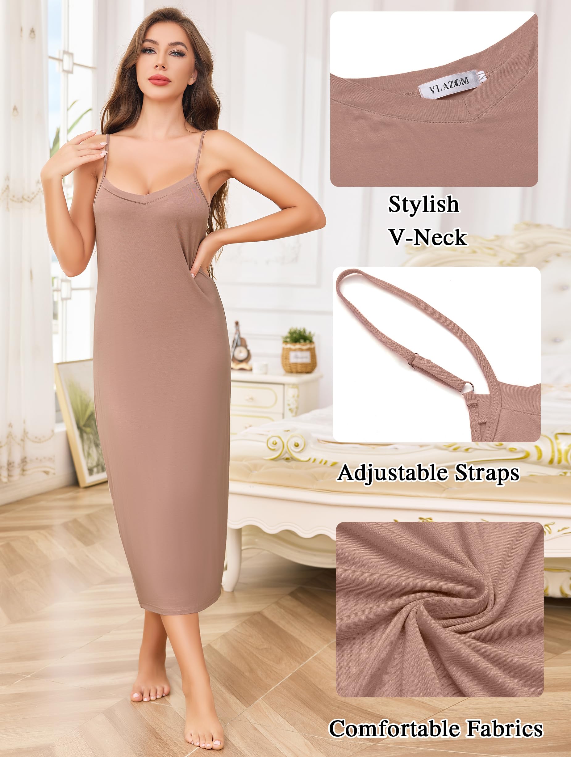 Vlazom Długa sukienka dla kobiet, regulowana ramiączka spaghetti, Cami Slip, miękka sukienka, koszula nocna z dekoltem w serek, halka pod sukienkę