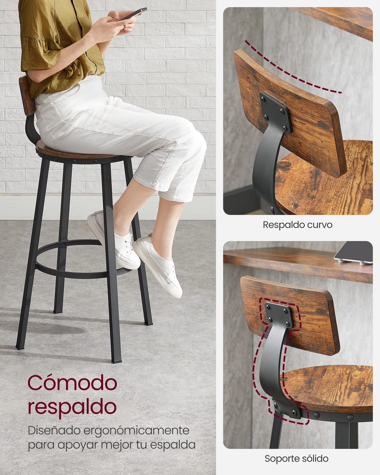 VASAGLE Taburete Alto de Bar, Juego de 2, Taburete de Cocina, con Respaldo, Marco de Acero, Asiento de 73,5 cm de Altura, Fácil Montaje, Estilo Industrial, Marrón Rústico y Negro Tinta LBC026B01V1