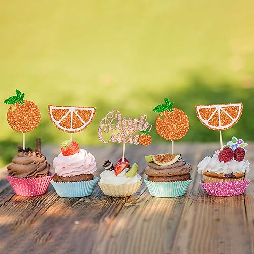 Miniatura 4 de Gyufise 24 adornos para cupcakes con purpurina temática de frutas naranjas, decoración de cupcakes de cítricos para baby shower, niños y niñas,