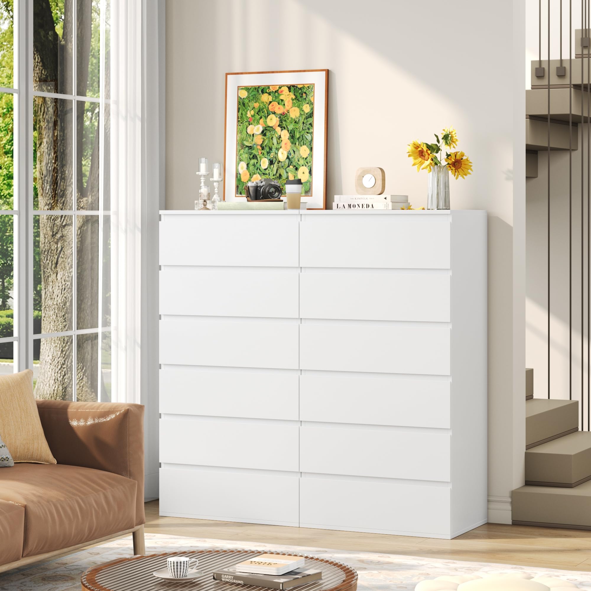 FOREHILL Commode 6 Tiroirs, Commode Chambre Adulte, 60x40x119 cm, Blanche | Meuble de rangement étroit sans poignées, Chiffonnier pour salon, entrée, appart, Meuble tiroirs à vêtements, Moderne