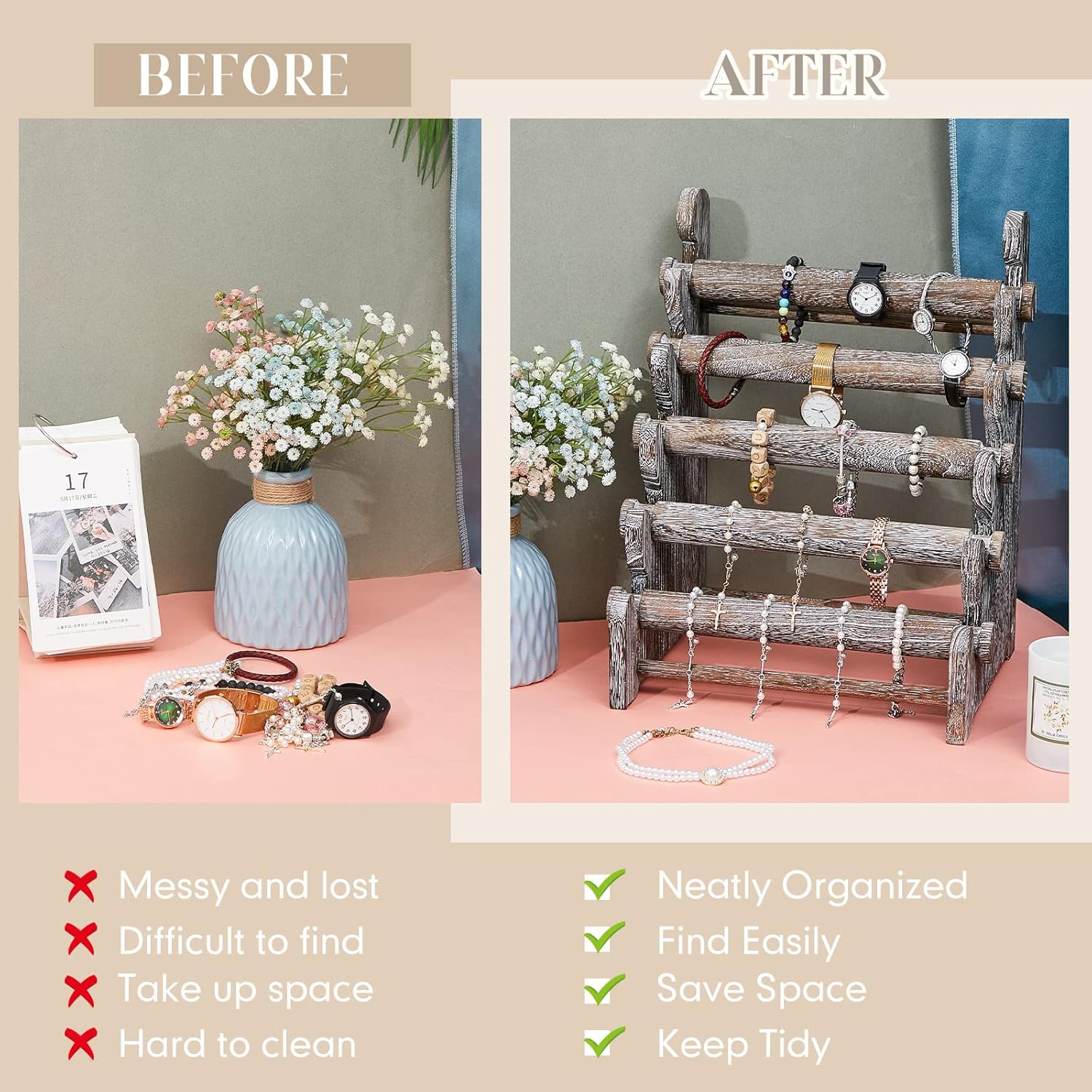 Marsui Wooden Bracelet Holder 5 Tier Bracelet Display Stand Jewelry Organizer Bangle Watch Jewelry Display Storage for Selling Showcase Store Home Scrunchie