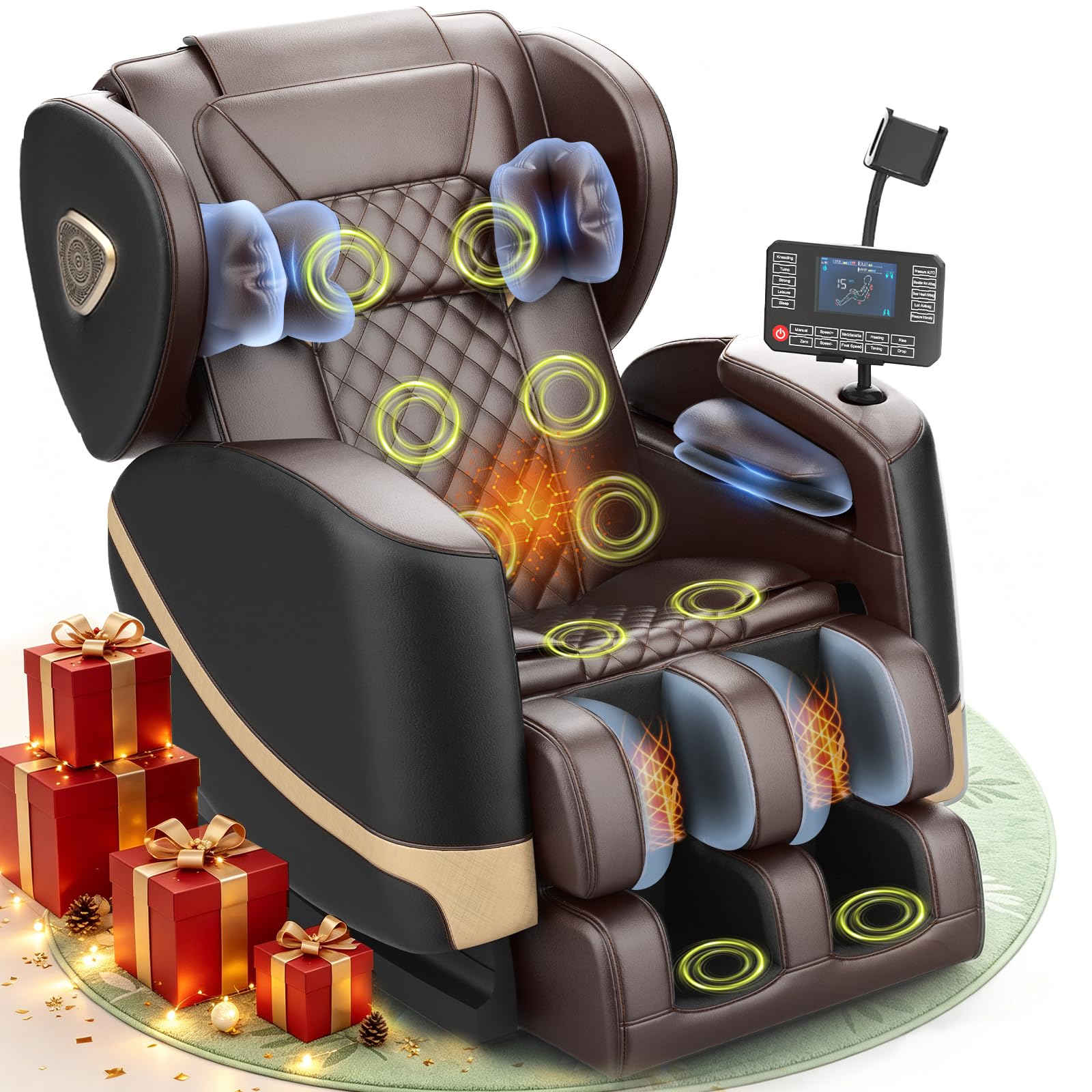Massagesessel, Ganzkörper-Massagesessel mit Zero-Gravity, 14 Rollen und 8 Komfort-Airbags, Mit Heizfunktion für Taille und Beine Fußmassage, Bluetooth-Player und 2-in-1 Touchscreen (Schwarz + Braun)