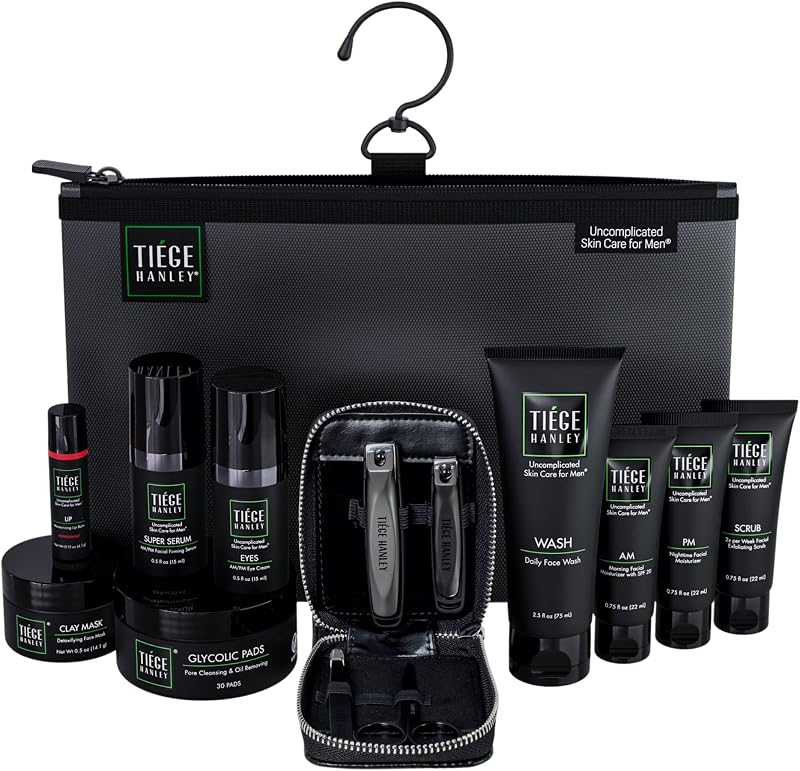 Tiege Hanley Skin Care Gift Box for Men, Platinum Set, 11 Piece Set | Men's Skin Care, Face Wash, Scrub, AM & PM Moisturizer, Eye Cream, Lip Balm, Clay Mask, Serum & Glycolic Pads