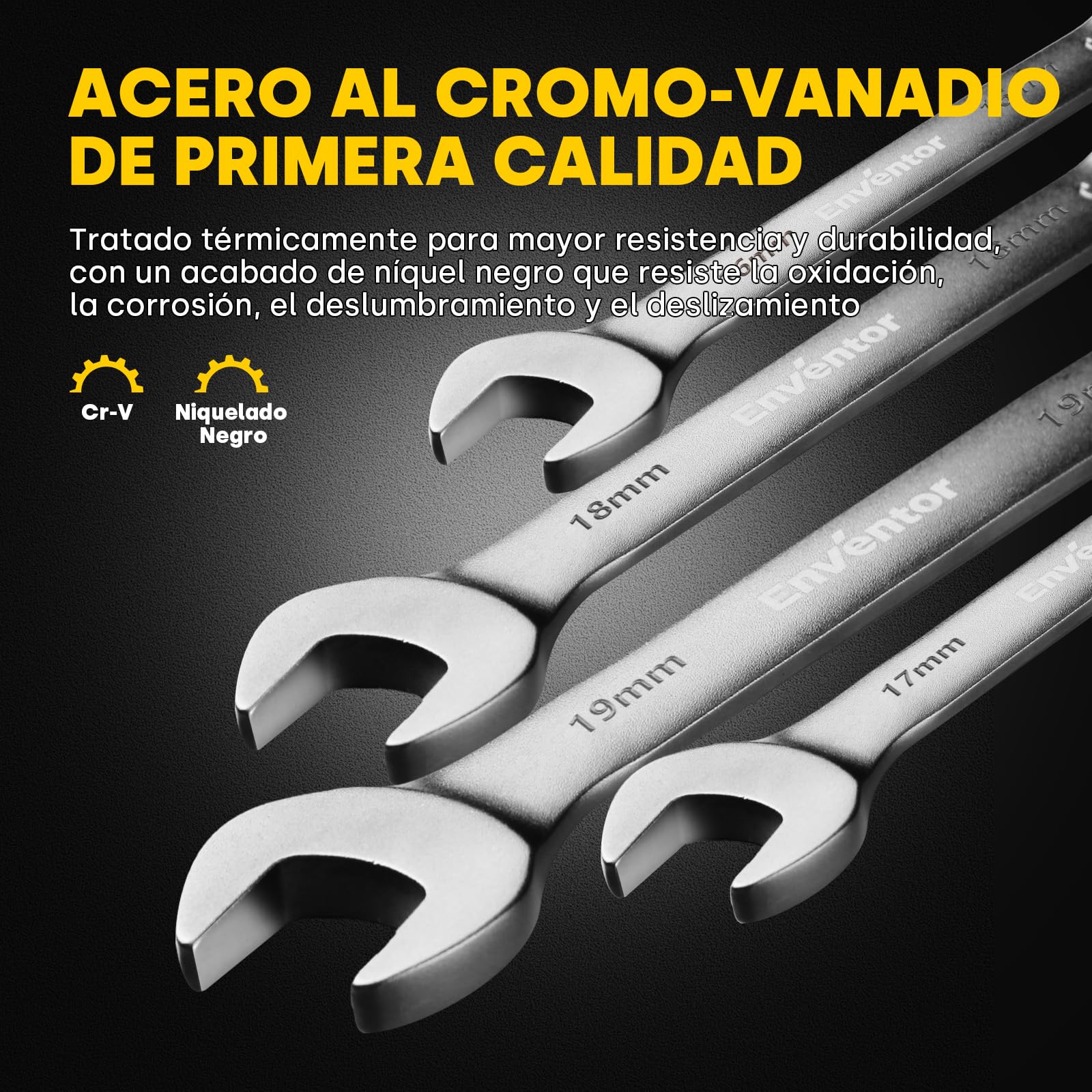 Enventor Llaves Fijas con Carraca de 14pcs, Juego de Llaves Combinadas con Carraca 6mm a 19mm, Acero Cromo Vanadio, Niquelado Negro, 90T, Cabezal Giratorio de 180°, Arco de Giro de 4°, Caja