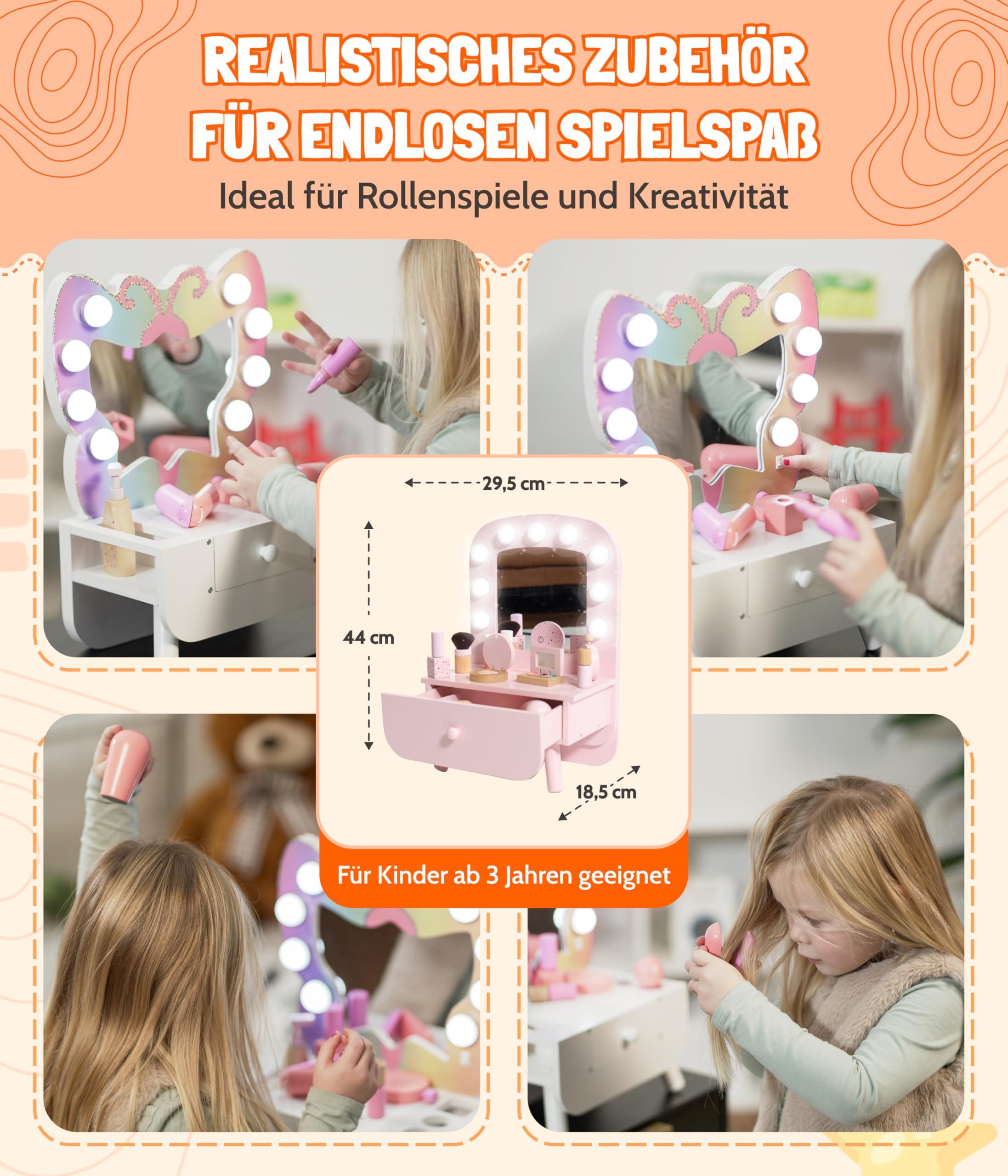 Bayer Chic 2000® Schminktisch Kinder mit LED Beleuchtung – 10-teiliges Zubehörset inkl. Fön & Schminkzubehör – Stabil & ideal für Kinder ab 3 Jahren